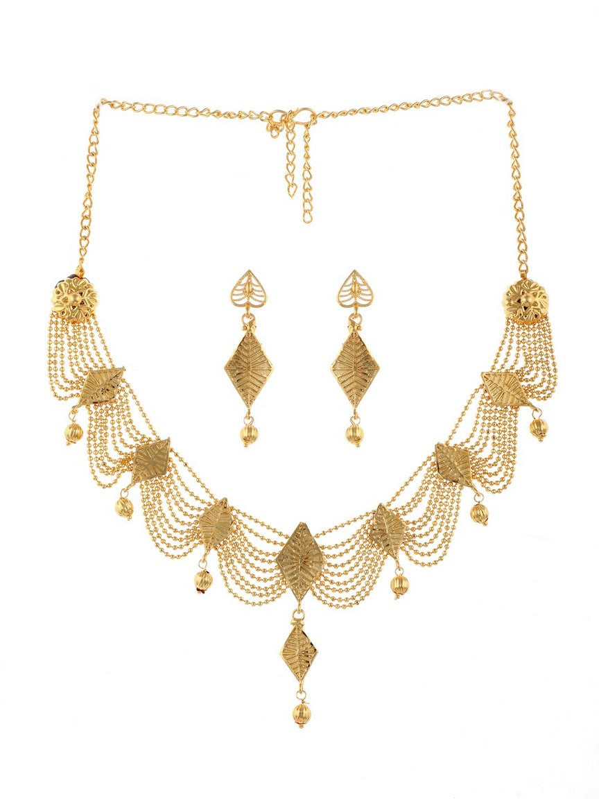 Gold Plated Leafy Multi-String Necklace Set for Women