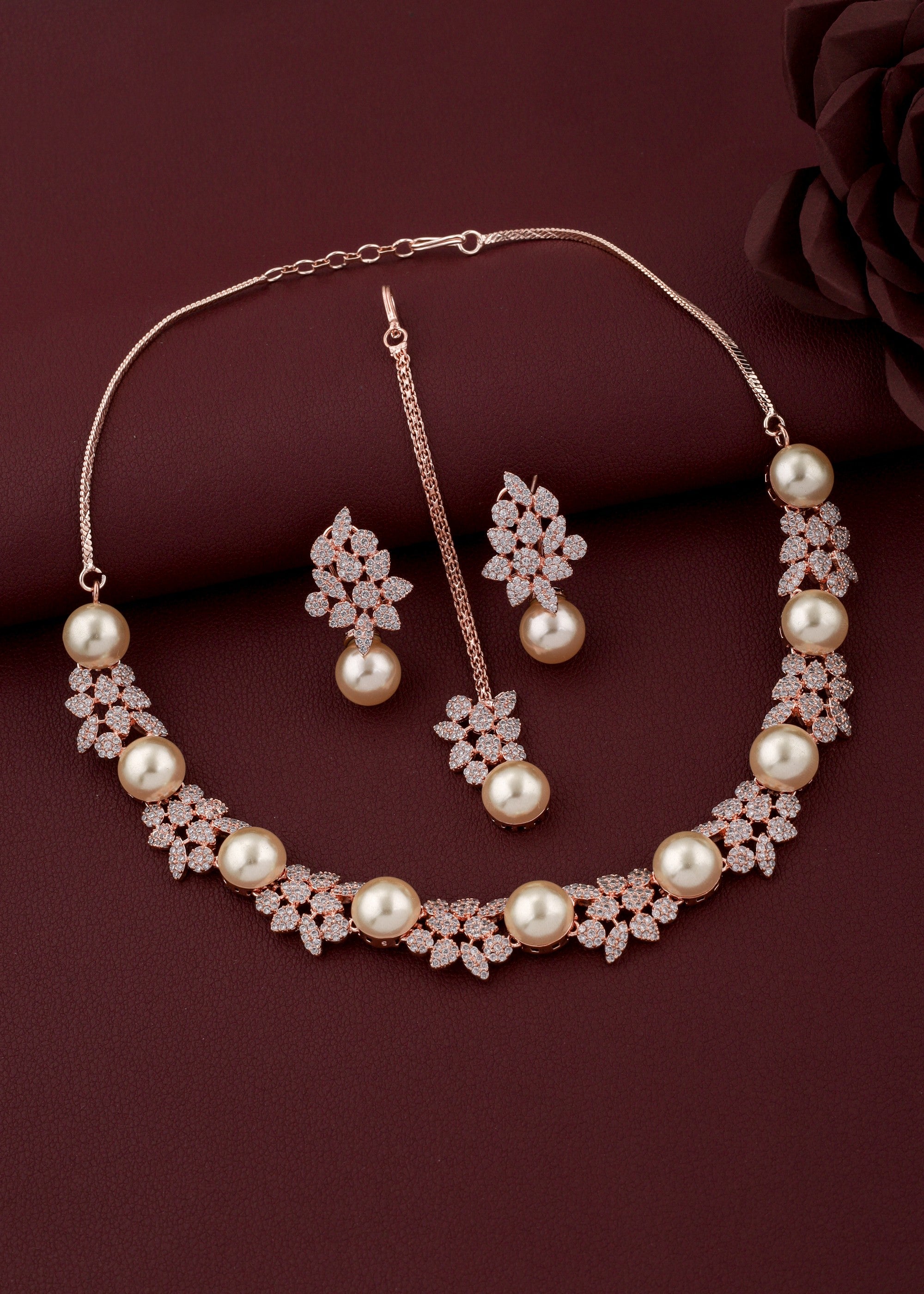 Rhodium Plated  Cubic Zircons with Sea Pearl Studded Necklace Set With Mang Tikka..