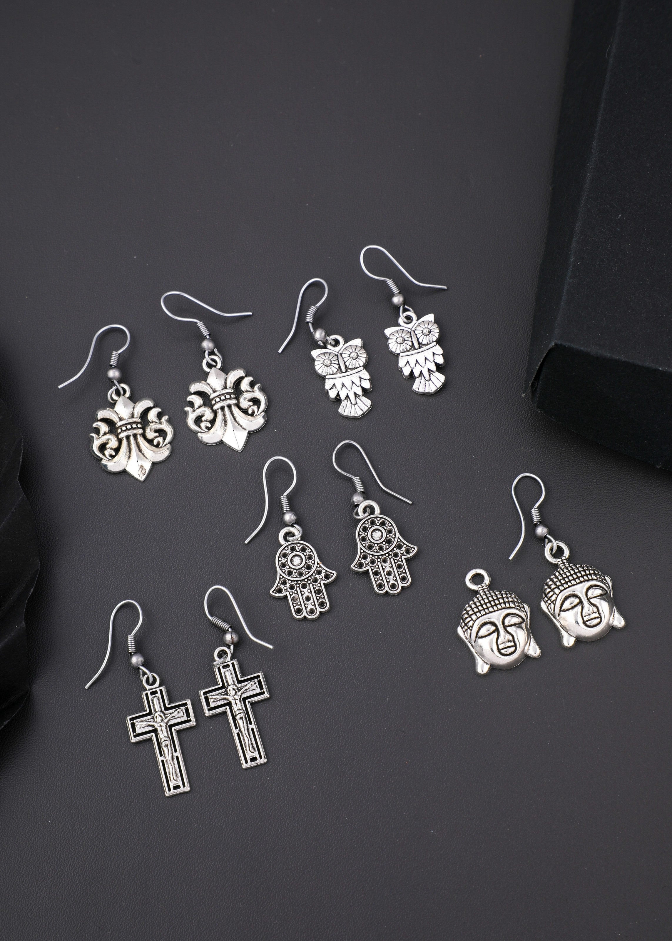 Silver-Toned Oxidized Traditional  Earrings Pack of 5
