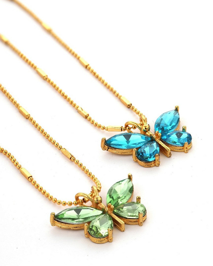 Pack Of 2 Elegant Gold Plated Green and Blue Crystal Butterfly Pendant
