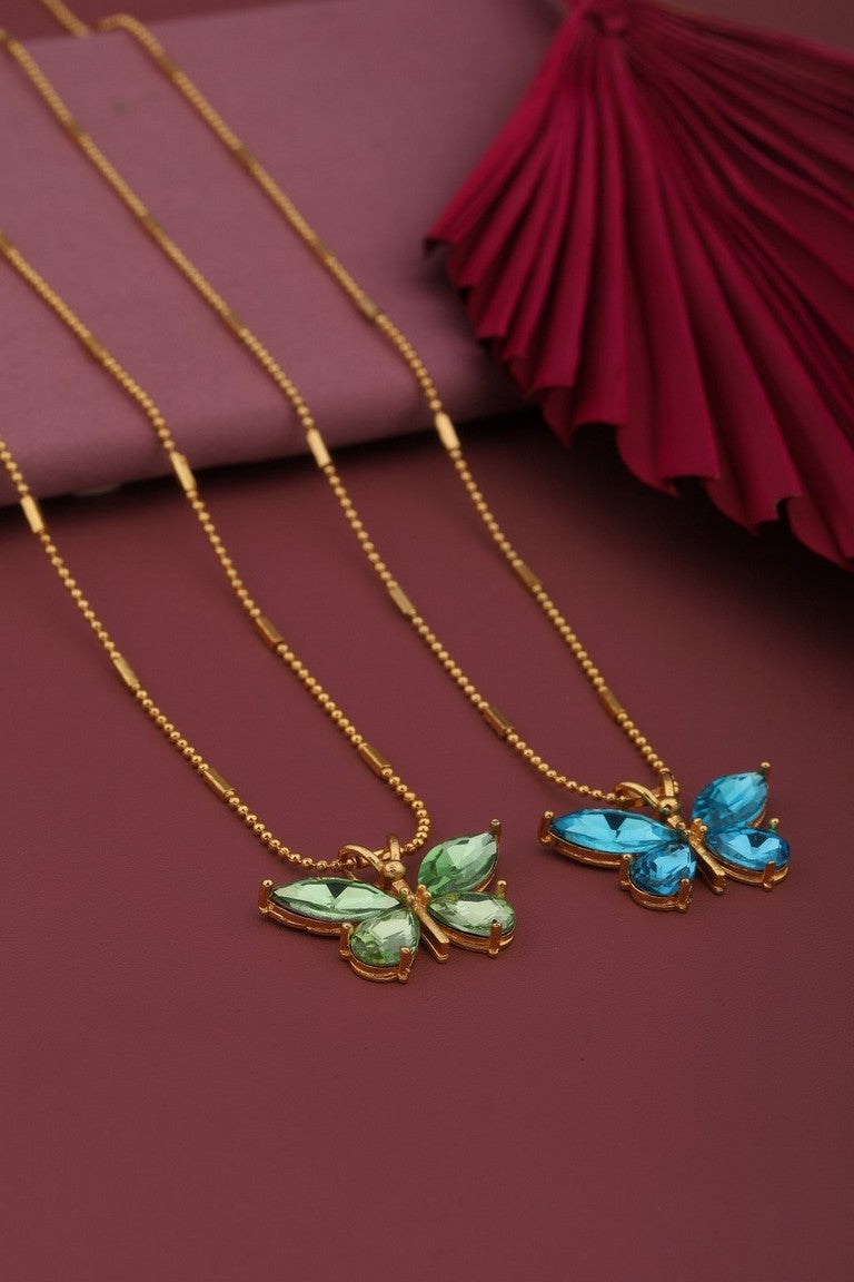 Pack Of 2 Elegant Gold Plated Green and Blue Crystal Butterfly Pendant