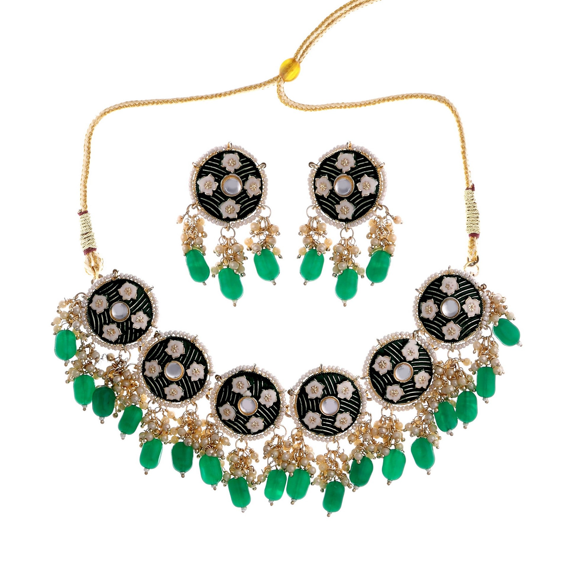 Alloy Gold-plated Green Kundan Chokar Set With Matching Earring And Ring