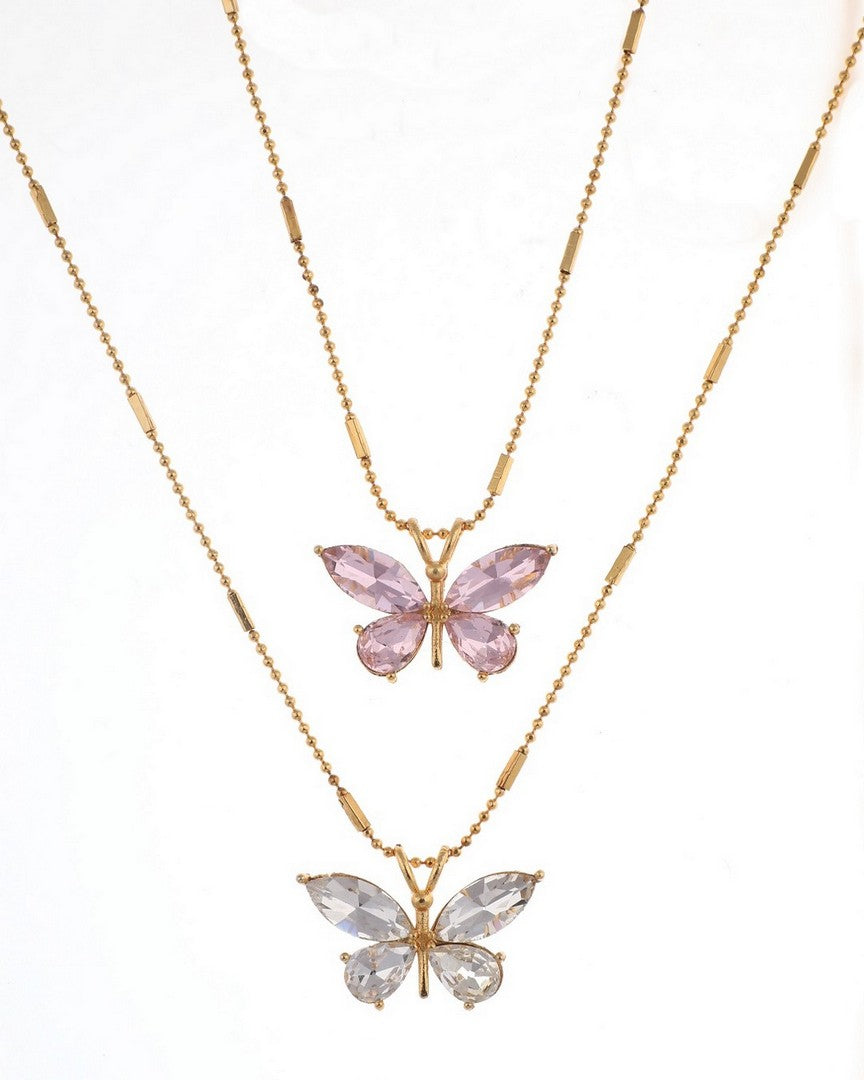 Pack Of 2 Elegant Gold Plated Pink and White Crystal Butterfly Pendant