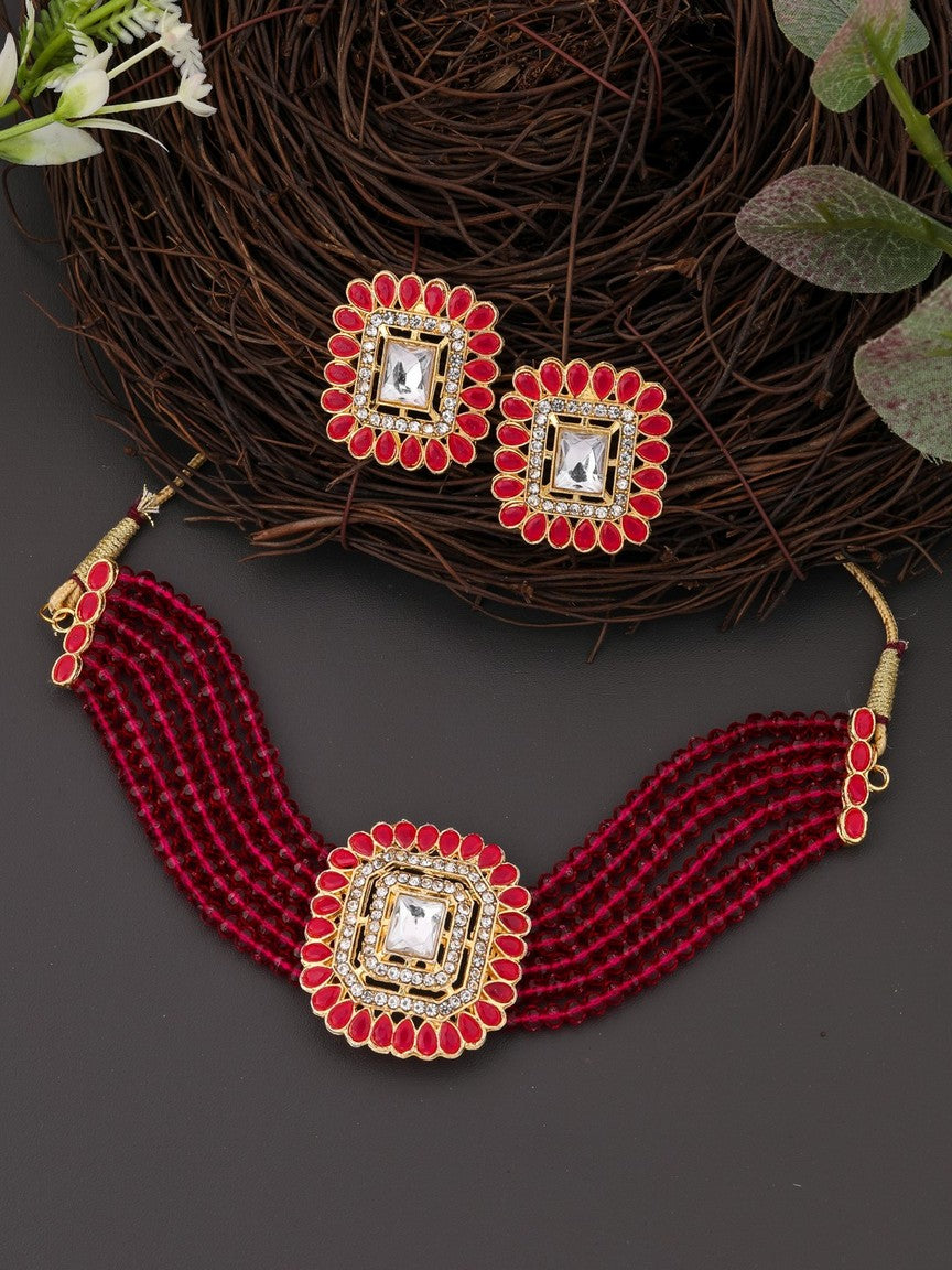 Gold Plated & Red Stone Studded Choker Set
