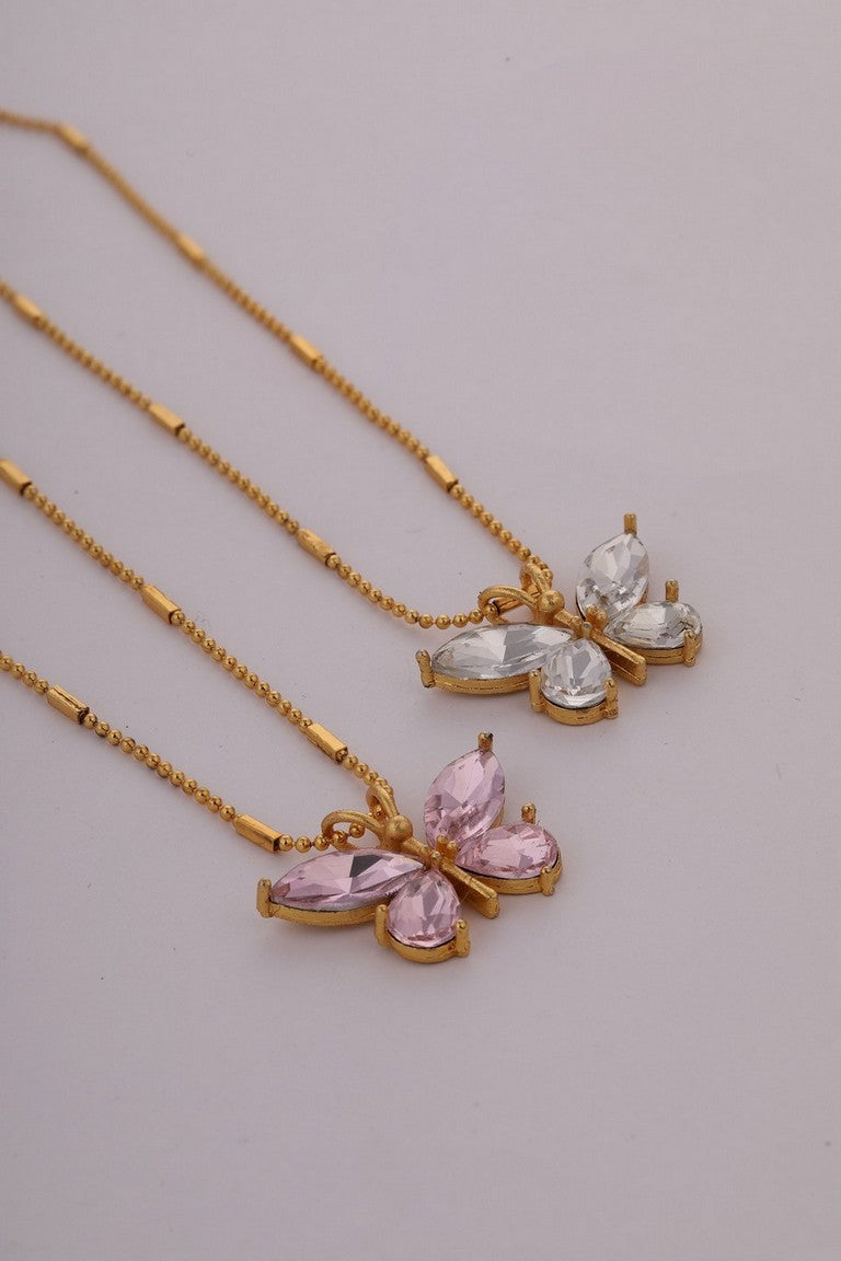 Pack Of 2 Elegant Gold Plated Pink and White Crystal Butterfly Pendant