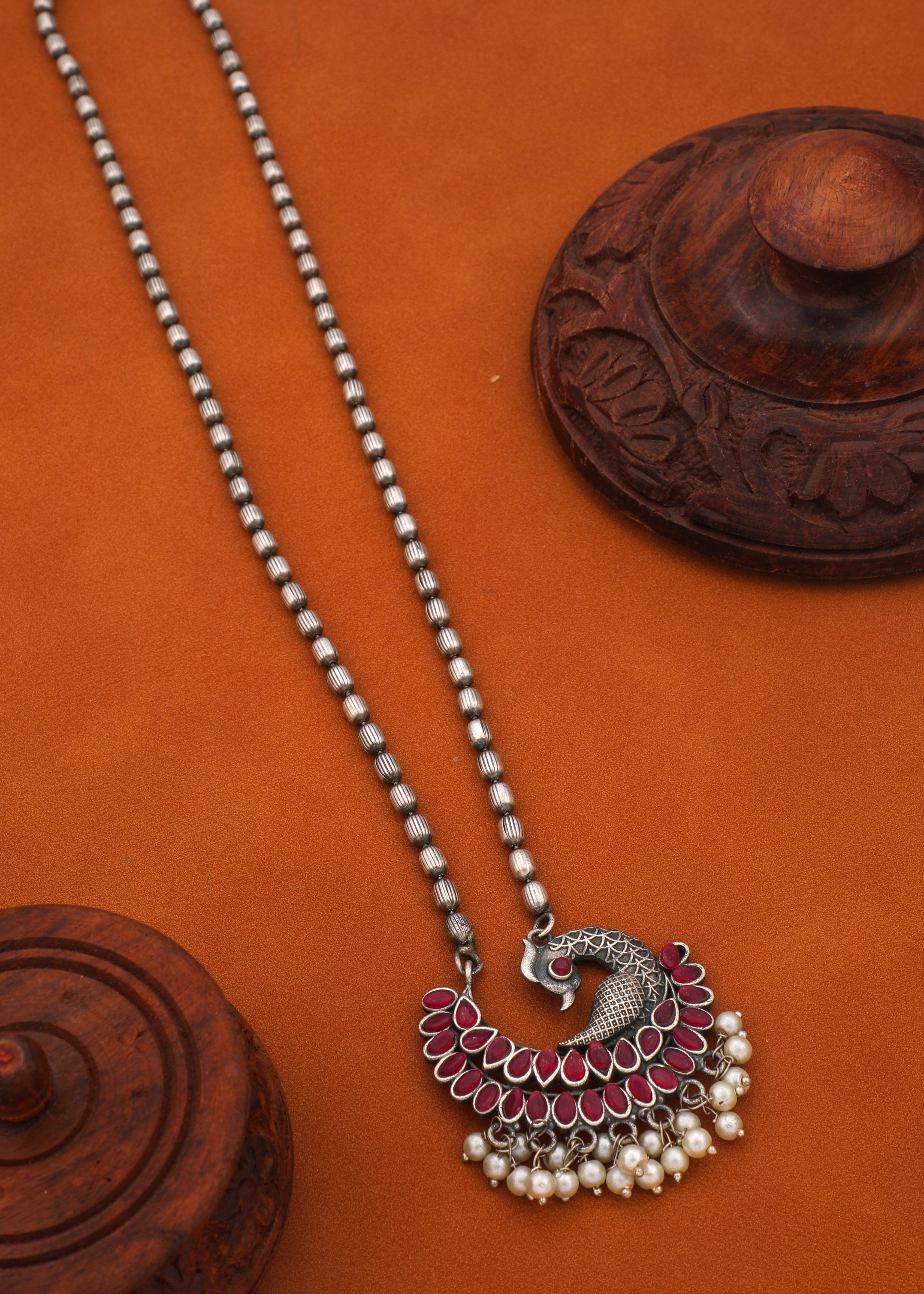 Silver-Toned Peacock Oxidized Traditional Pendent With Chain