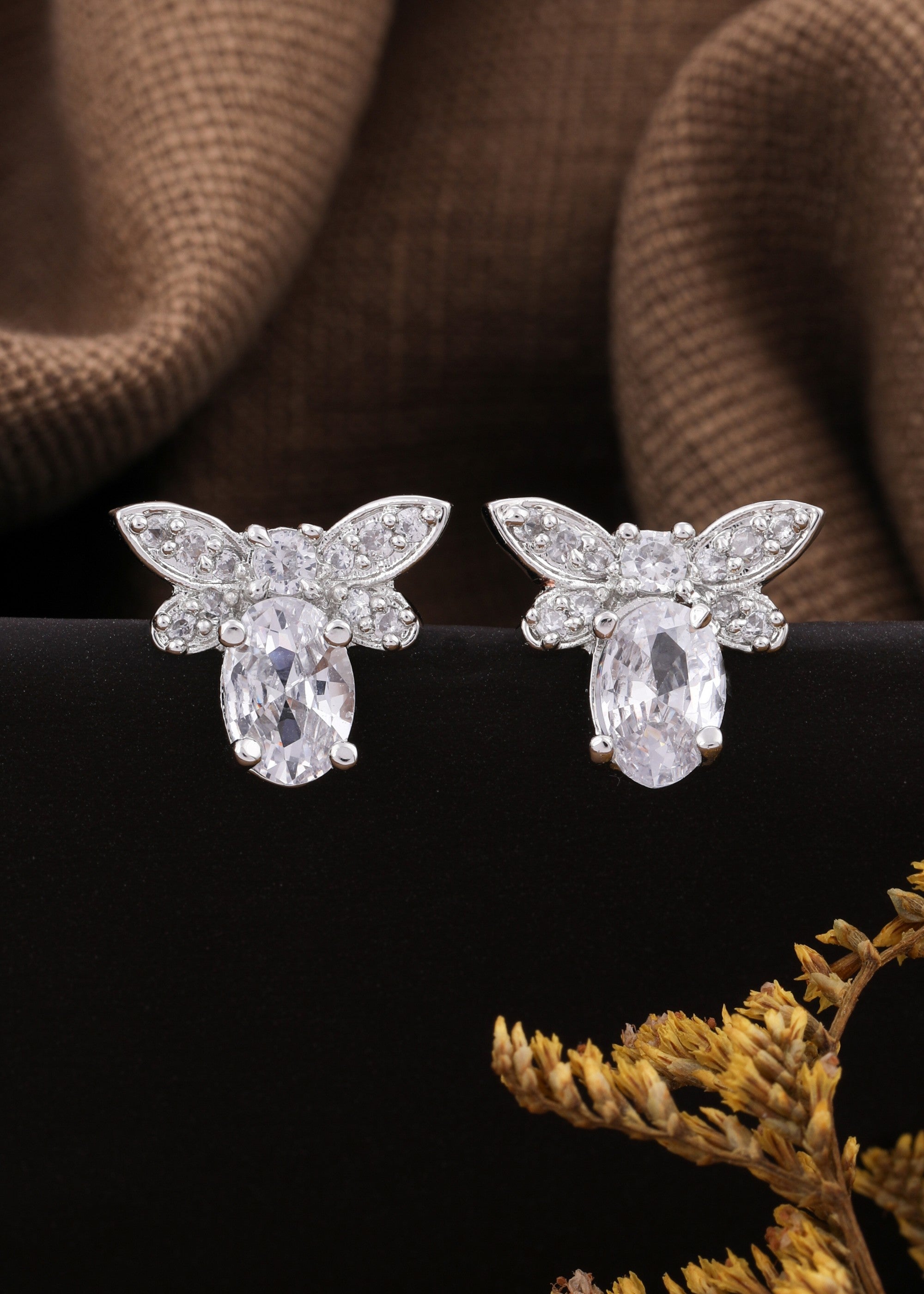 Rhodium Plated Bumble bee Shape Earring With Studed AD Diamond