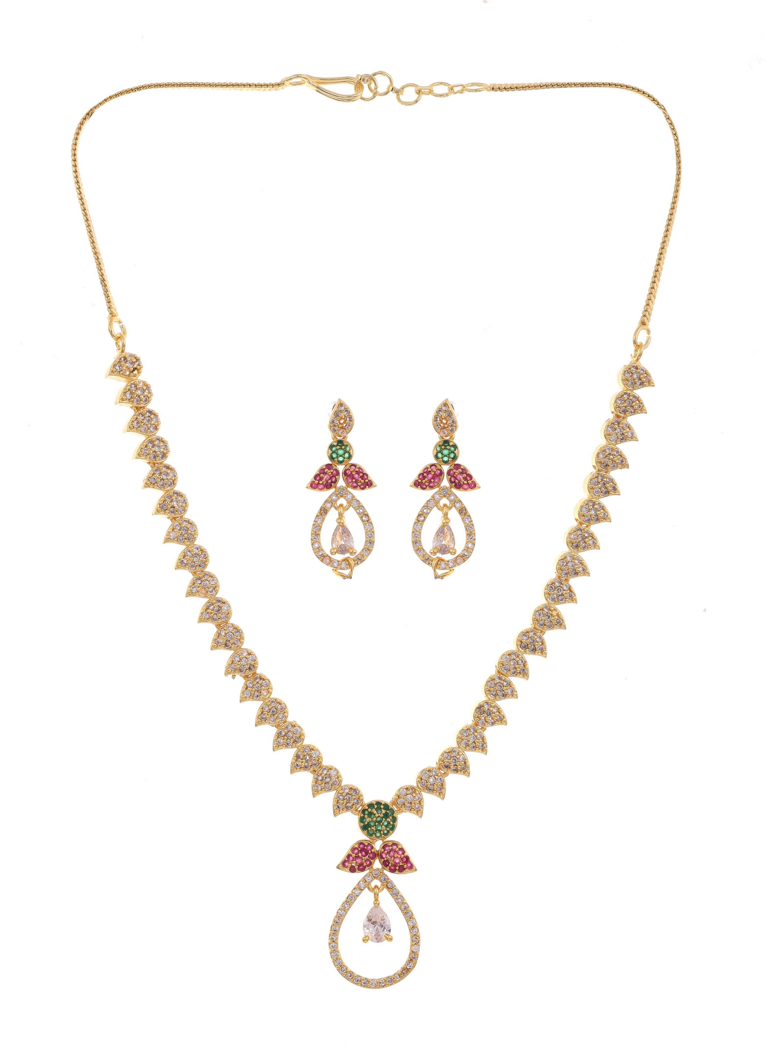Rhodium Plated Multi Color Cubic Zircons with Tear Drop Studded Necklace Set.