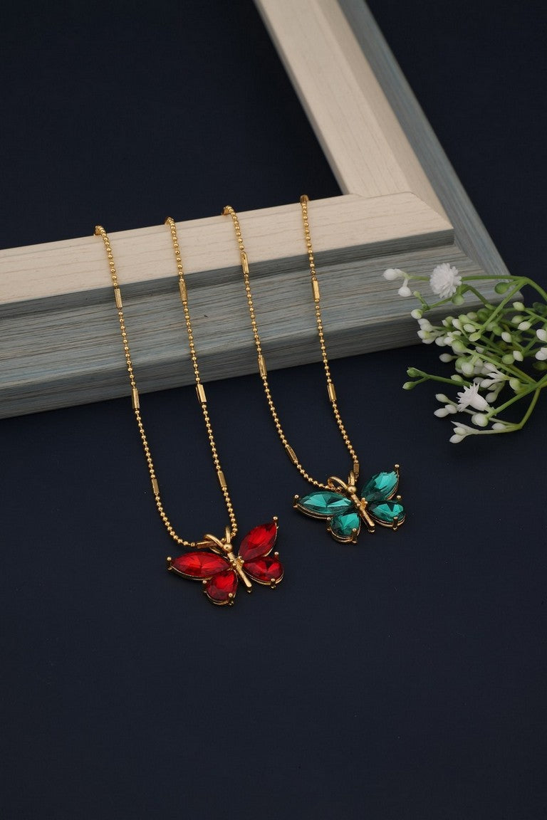 Pack Of 2 Elegant Gold Plated Red and Green Crystal Butterfly Pendant
