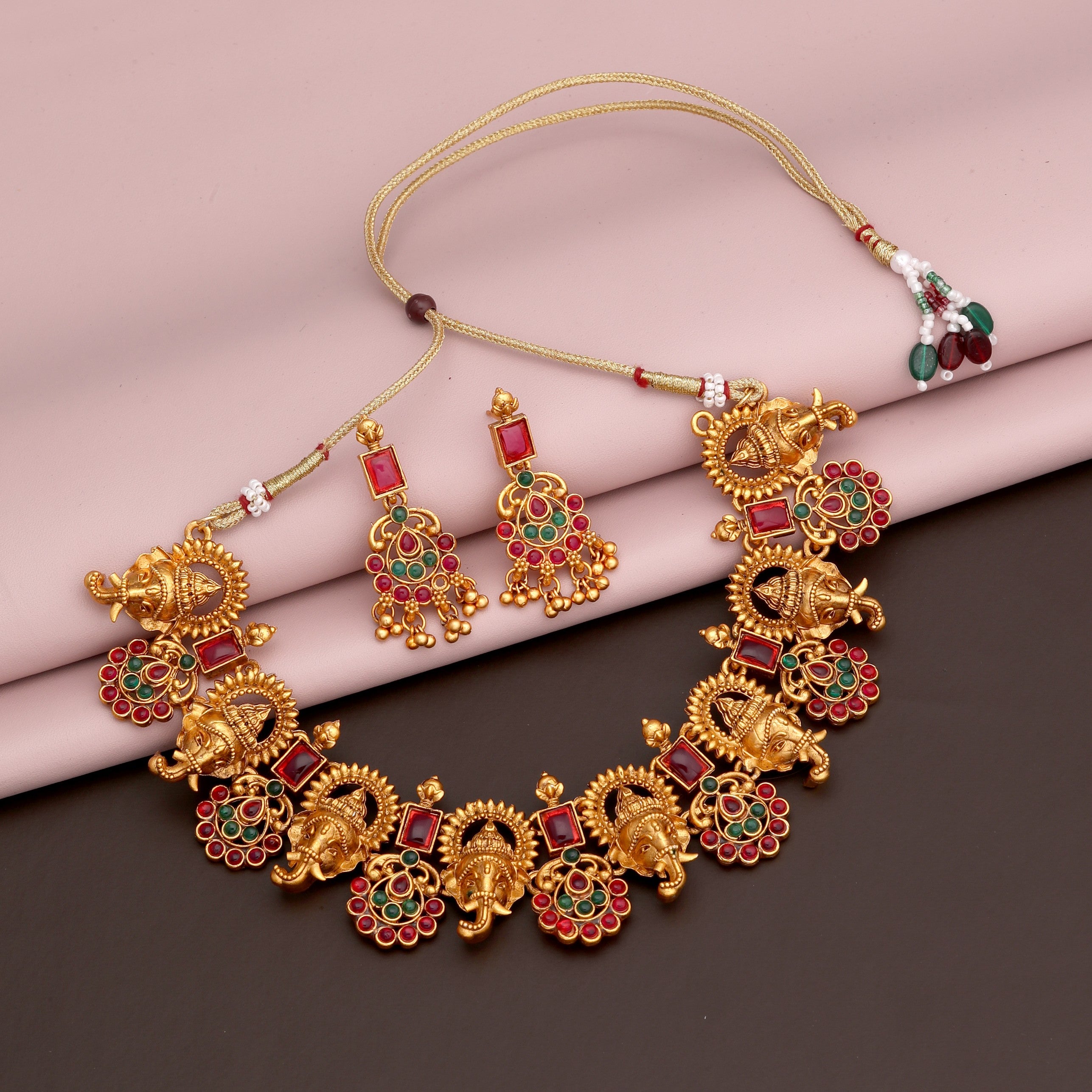 Gold-Plated Ganpati Design Temple Jewellery Set