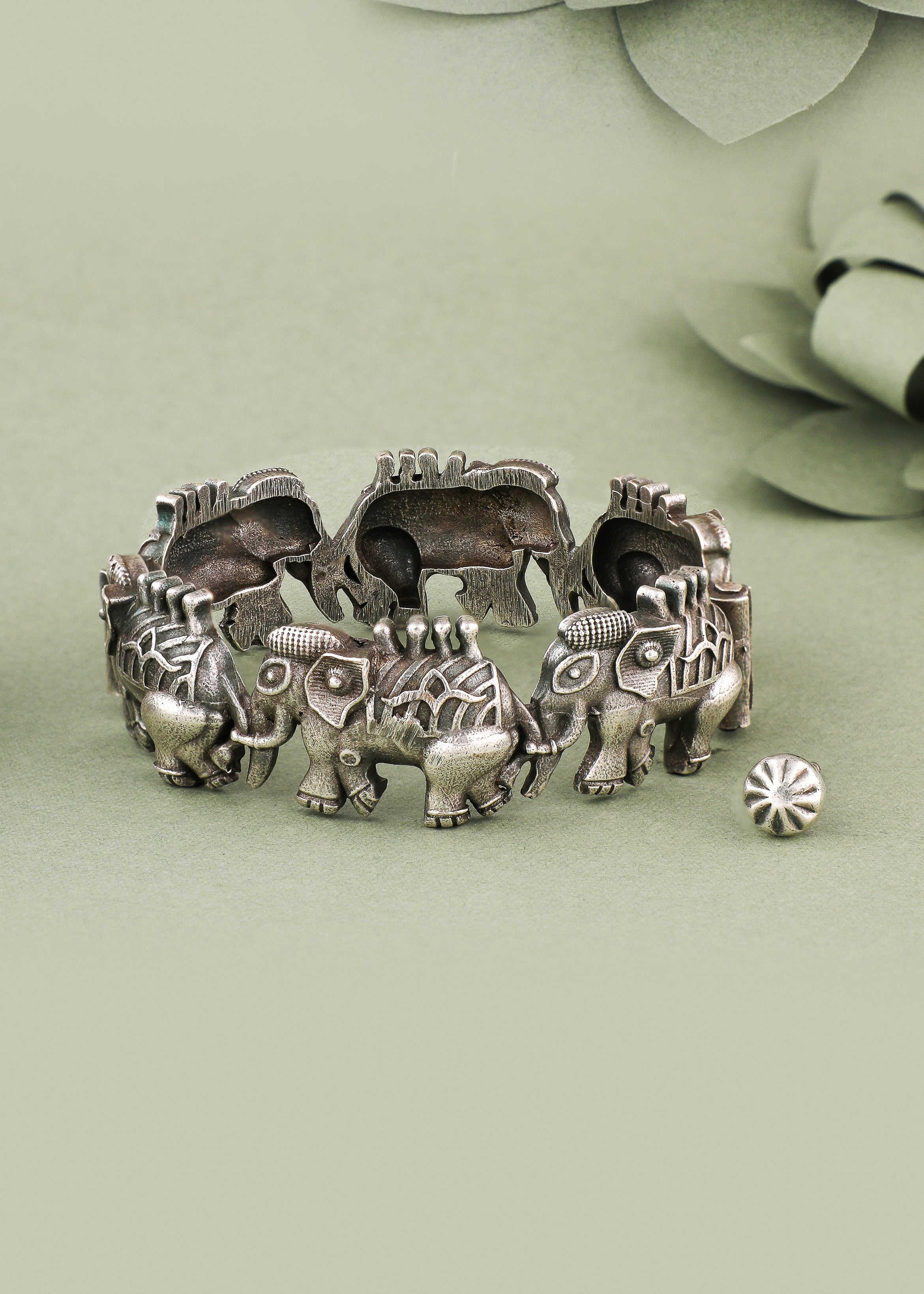 Oxidised Silver Toned Elephant Design Tribal Kada Bracelet