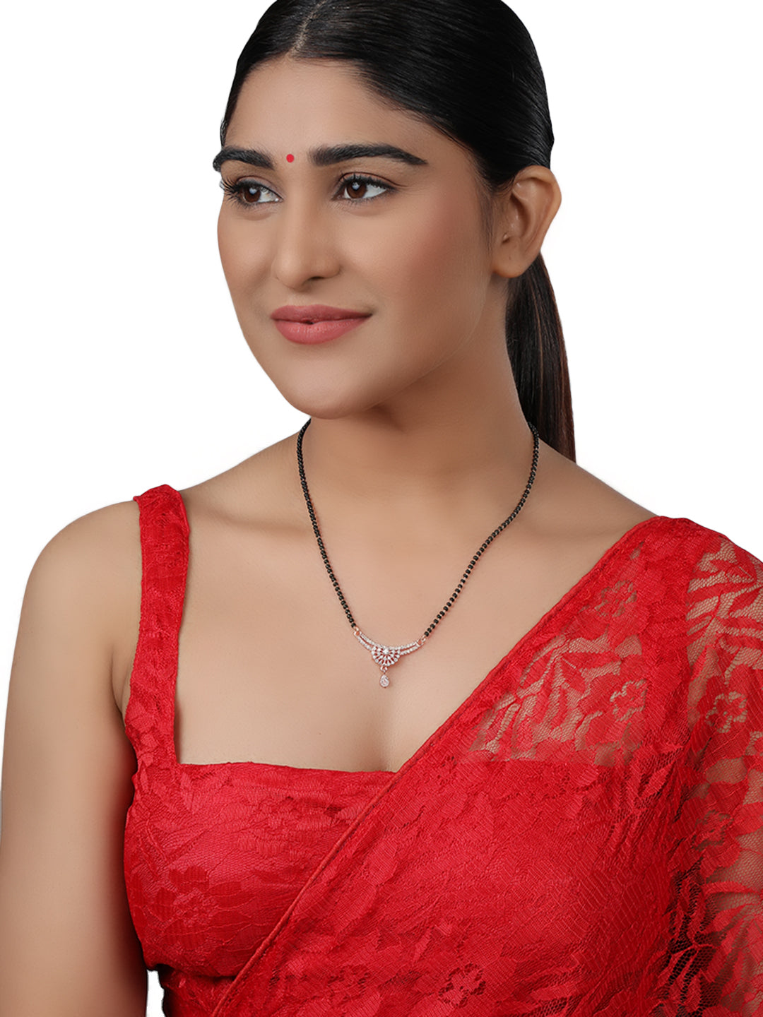 Rose Gold-Plated & White AD Stone-Studded Mangalsutra With Earrings