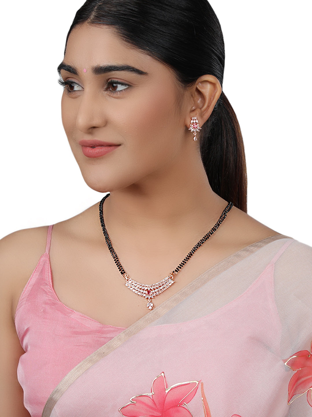 Rhodium-Plated & White AD Stone-Studded Mangalsutra With Earrings