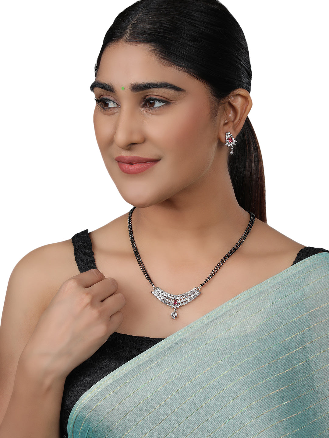 Rhodium-Plated & White AD Stone-Studded Mangalsutra With Earrings