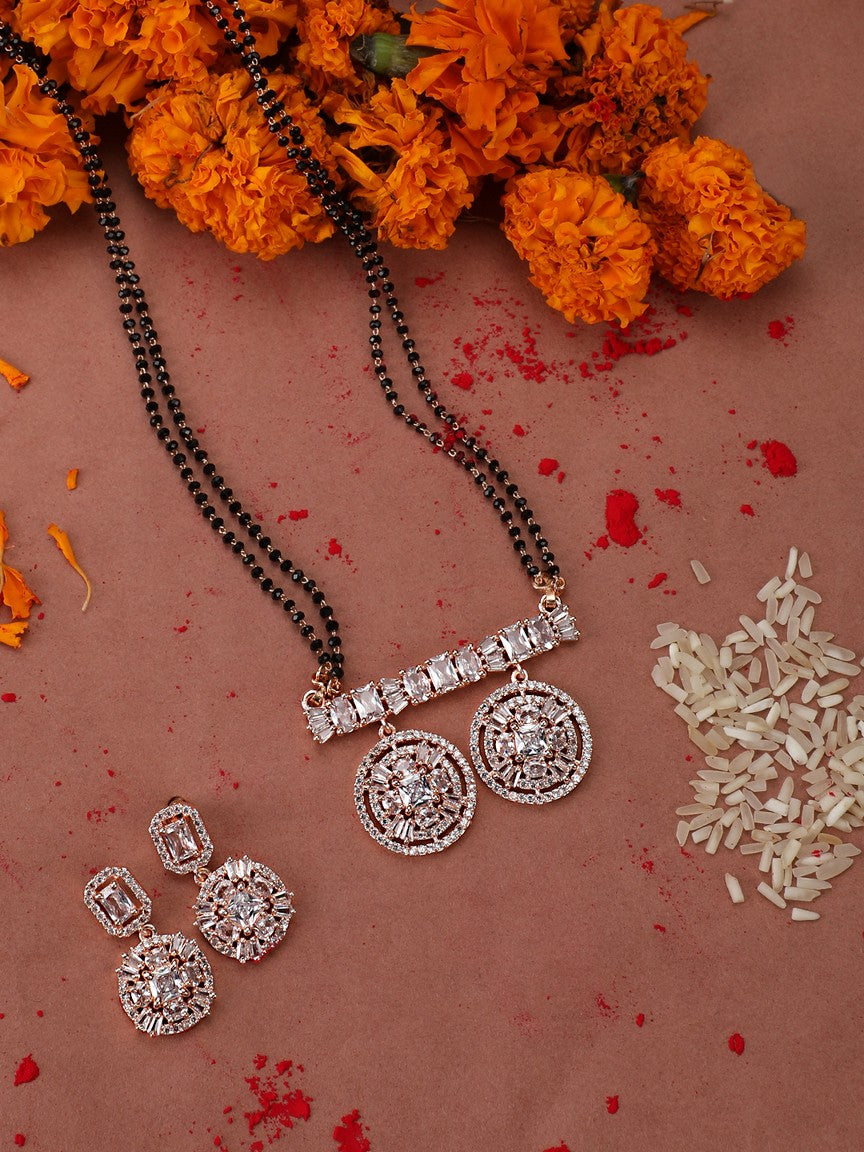 Rosegold-Plated & White AD Stone-Studded Mangalsutra With Earrings
