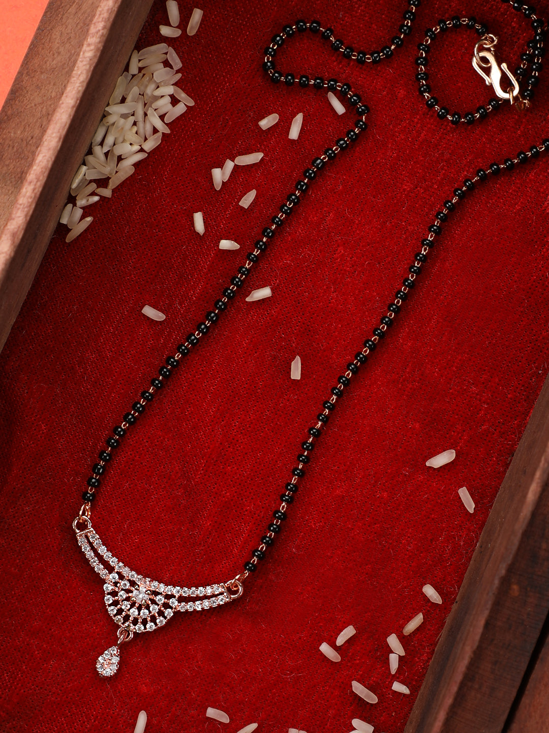 Rose Gold-Plated & White AD Stone-Studded Mangalsutra With Earrings