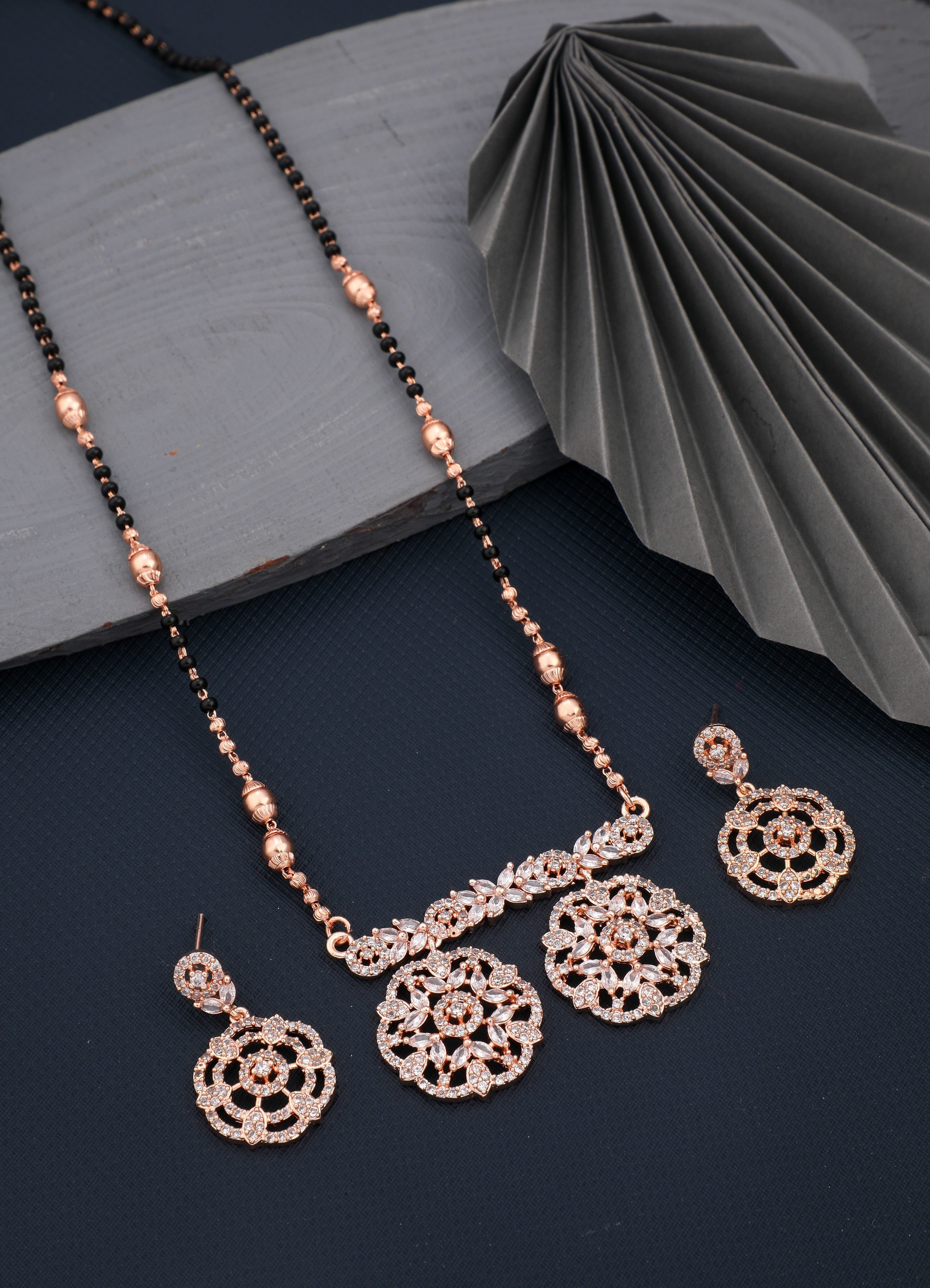 Rosegold-Plated & White AD Stone-Studded Mangalsutra With Earrings