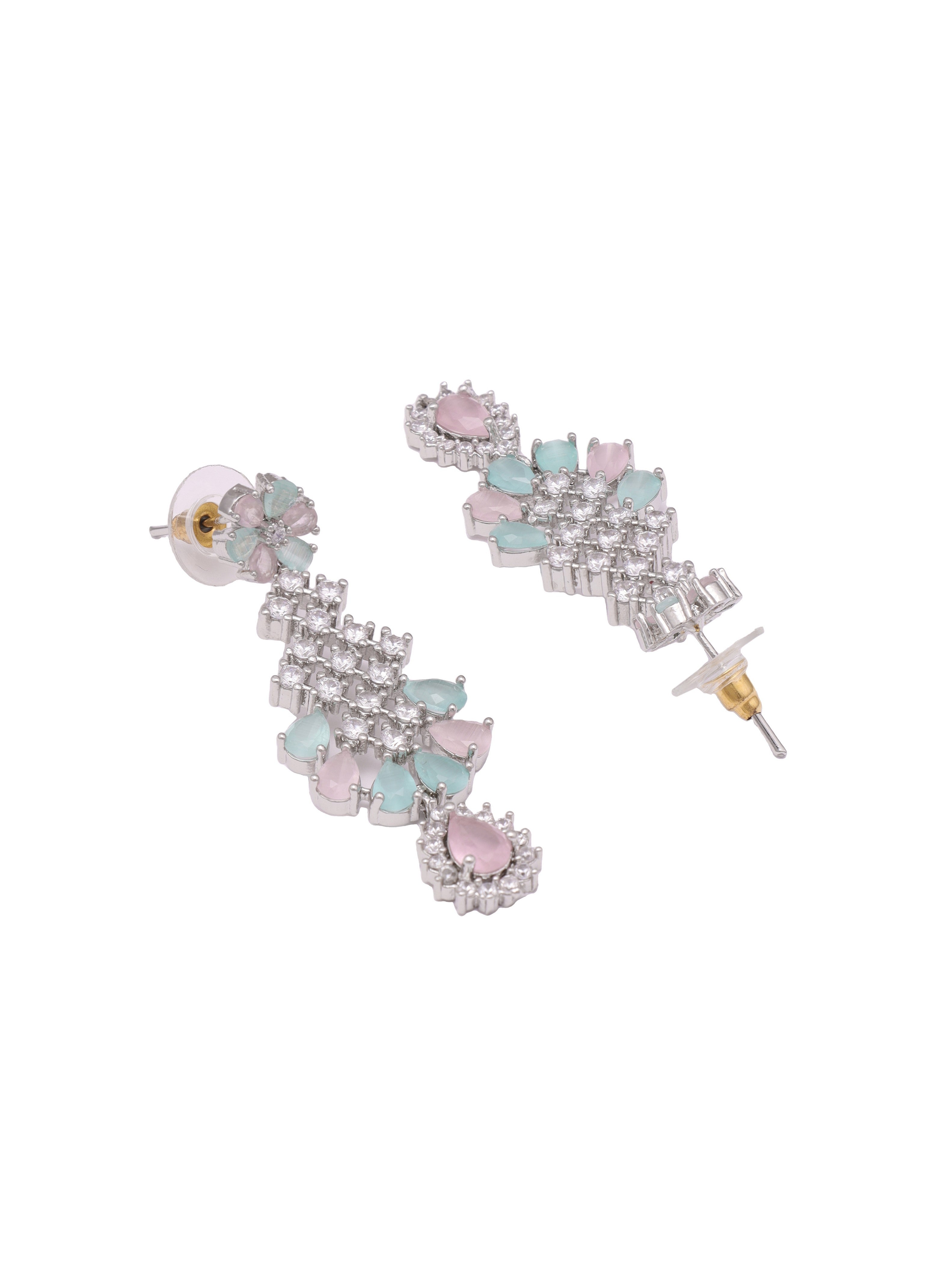 Rhodium Plated Sea Green With Light Pink Sapphire Zircons Studded Necklace Set.