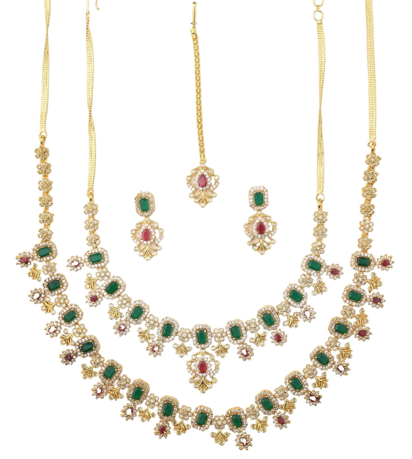South Indian Rhodium Plated Multi Color Cubic Zircons with Tear Drop Studded Necklace Set With Mang Tikka