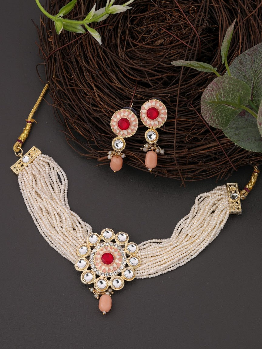 Red Crystal Ethnic Choker Set With Earring