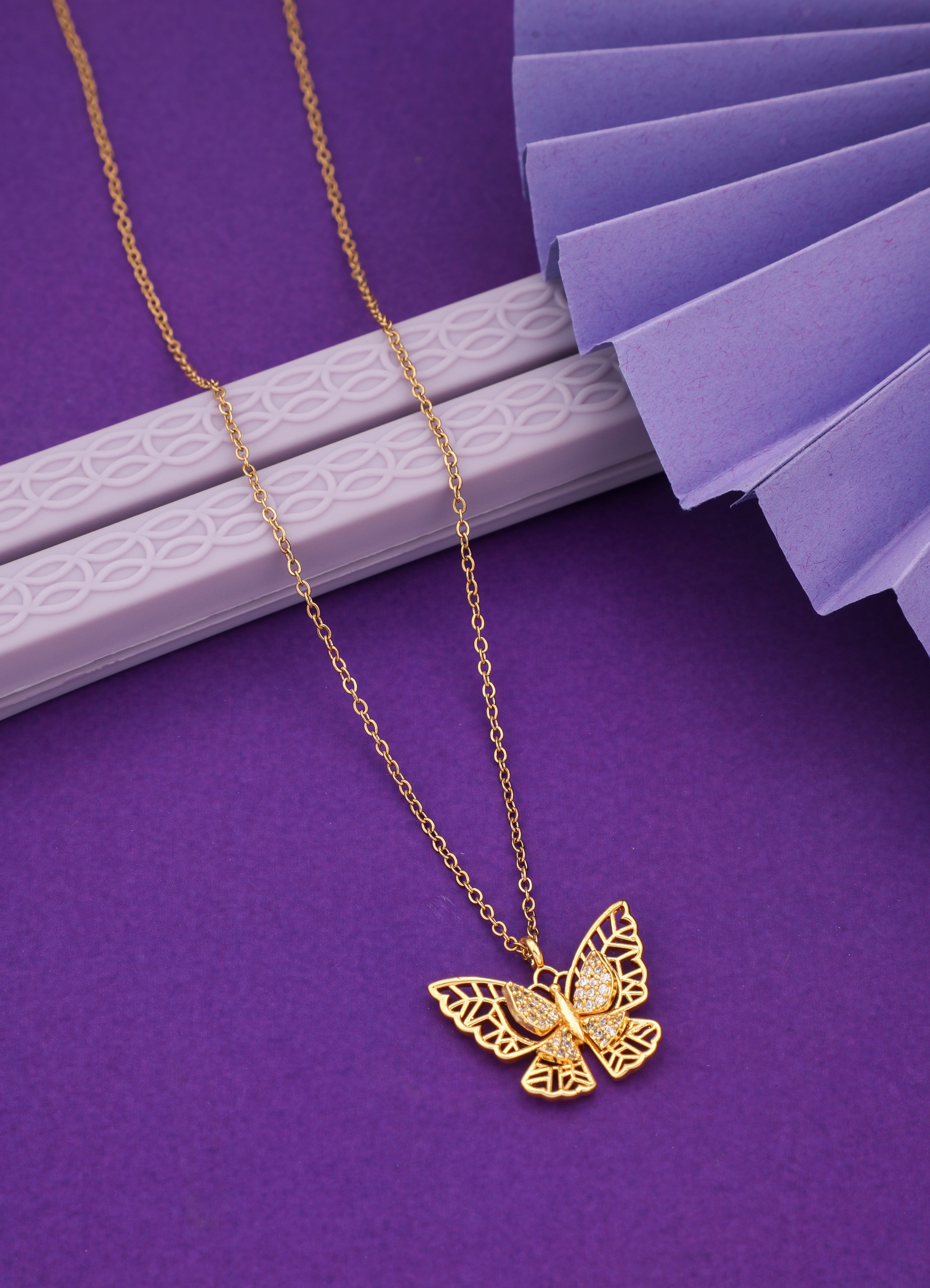 Gold Plated Cubic Zirconia Studded Butterfly Pendant with Chain
