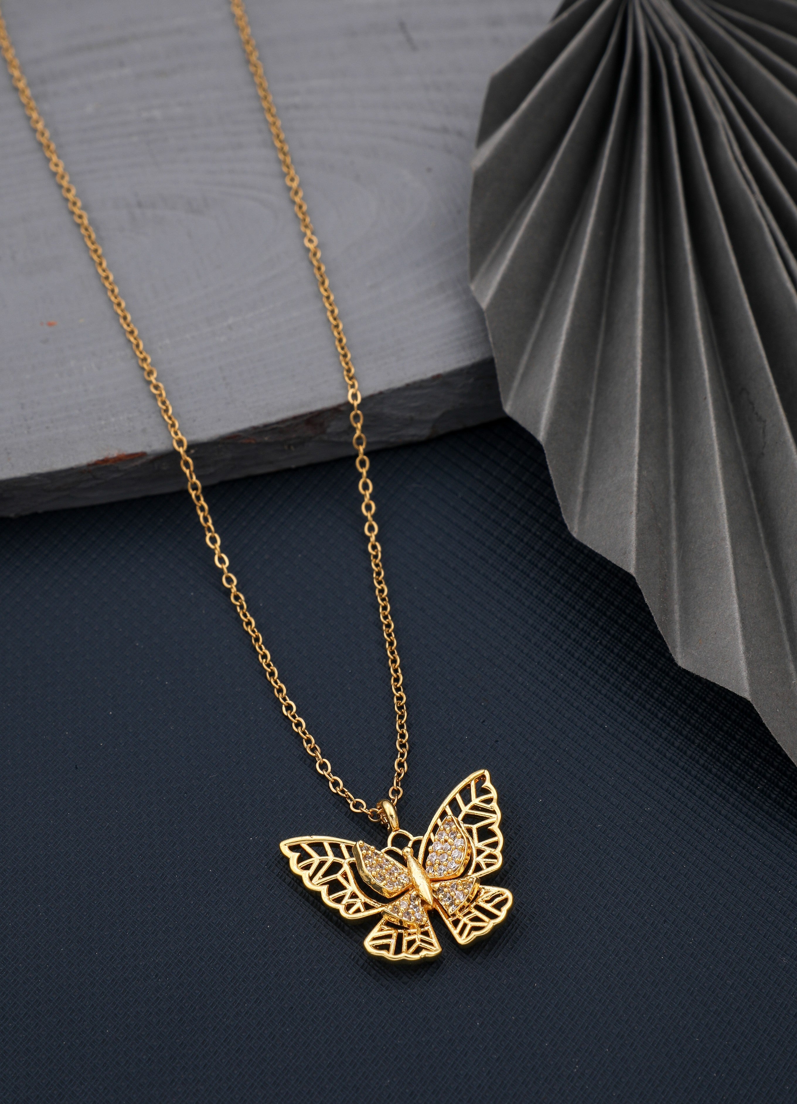 Gold Plated Cubic Zirconia Studded Butterfly Pendant with Chain