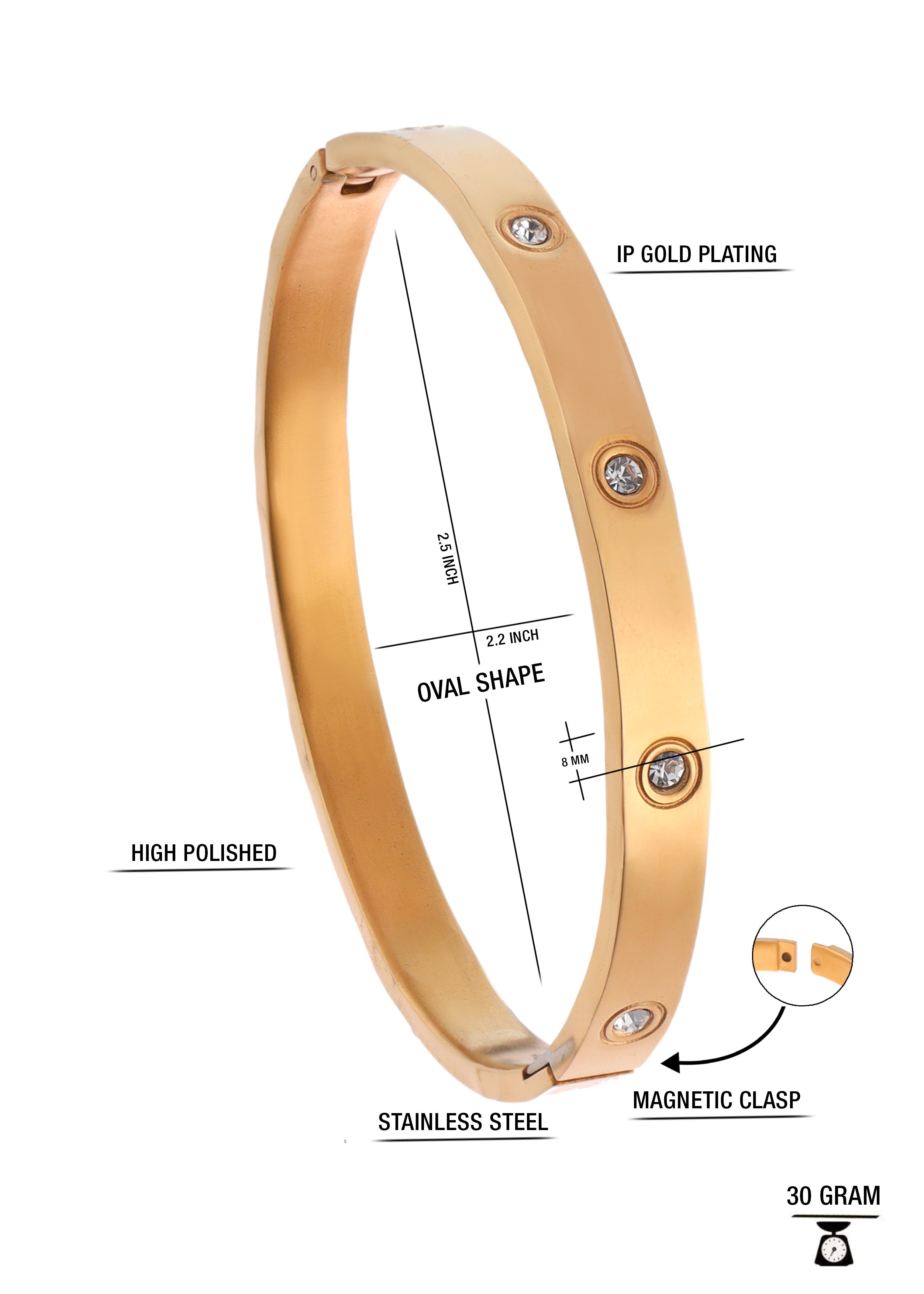 Gold Plated Stainless Steel Oval Shape Kada With Magnetic clasp