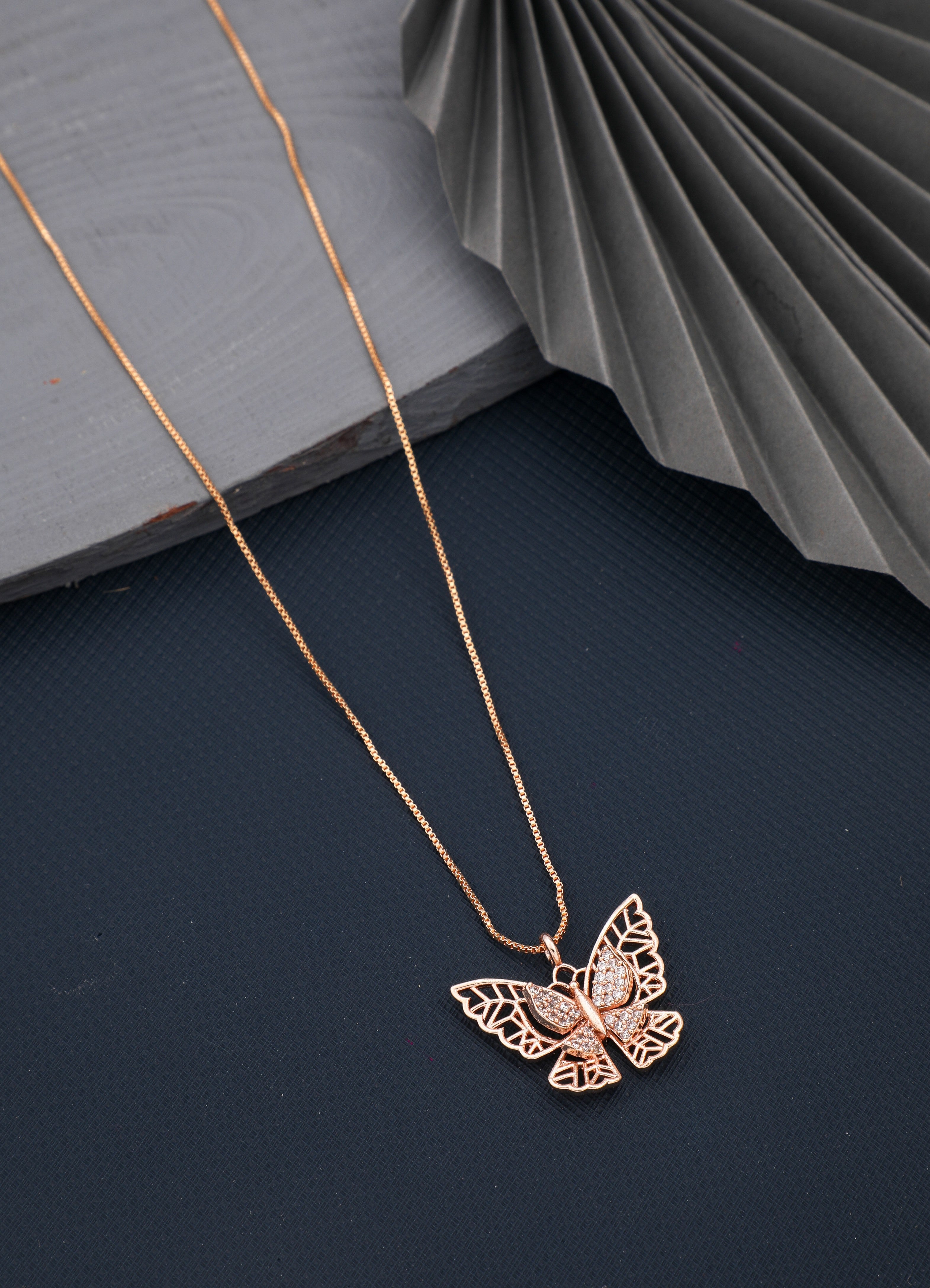 Rose Gold Plated Cubic Zirconia Studded Butterfly Pendant with Chain