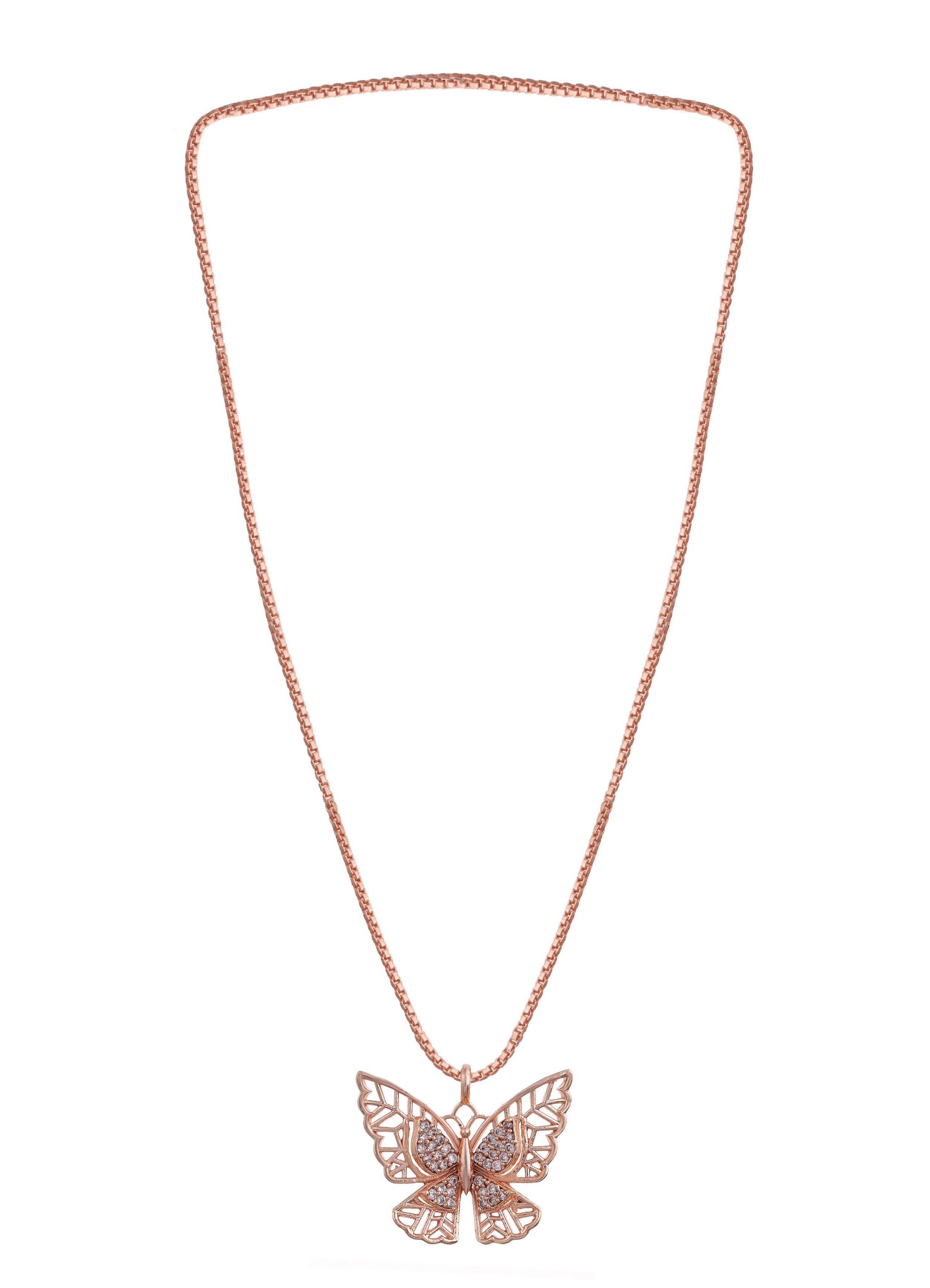 Rose Gold Plated Cubic Zirconia Studded Butterfly Pendant with Chain