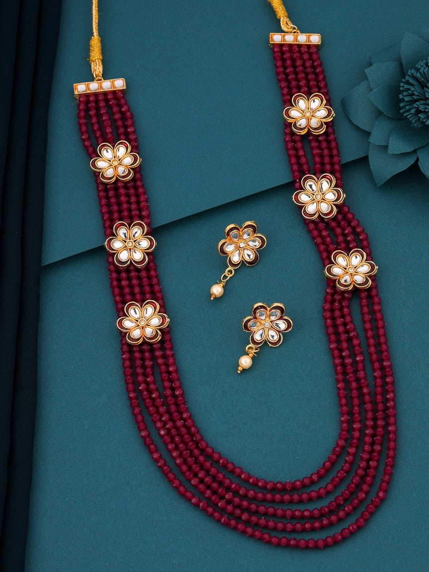 Antique gold tone Maroon Kundan Beaded Multilayer Necklace With Earring