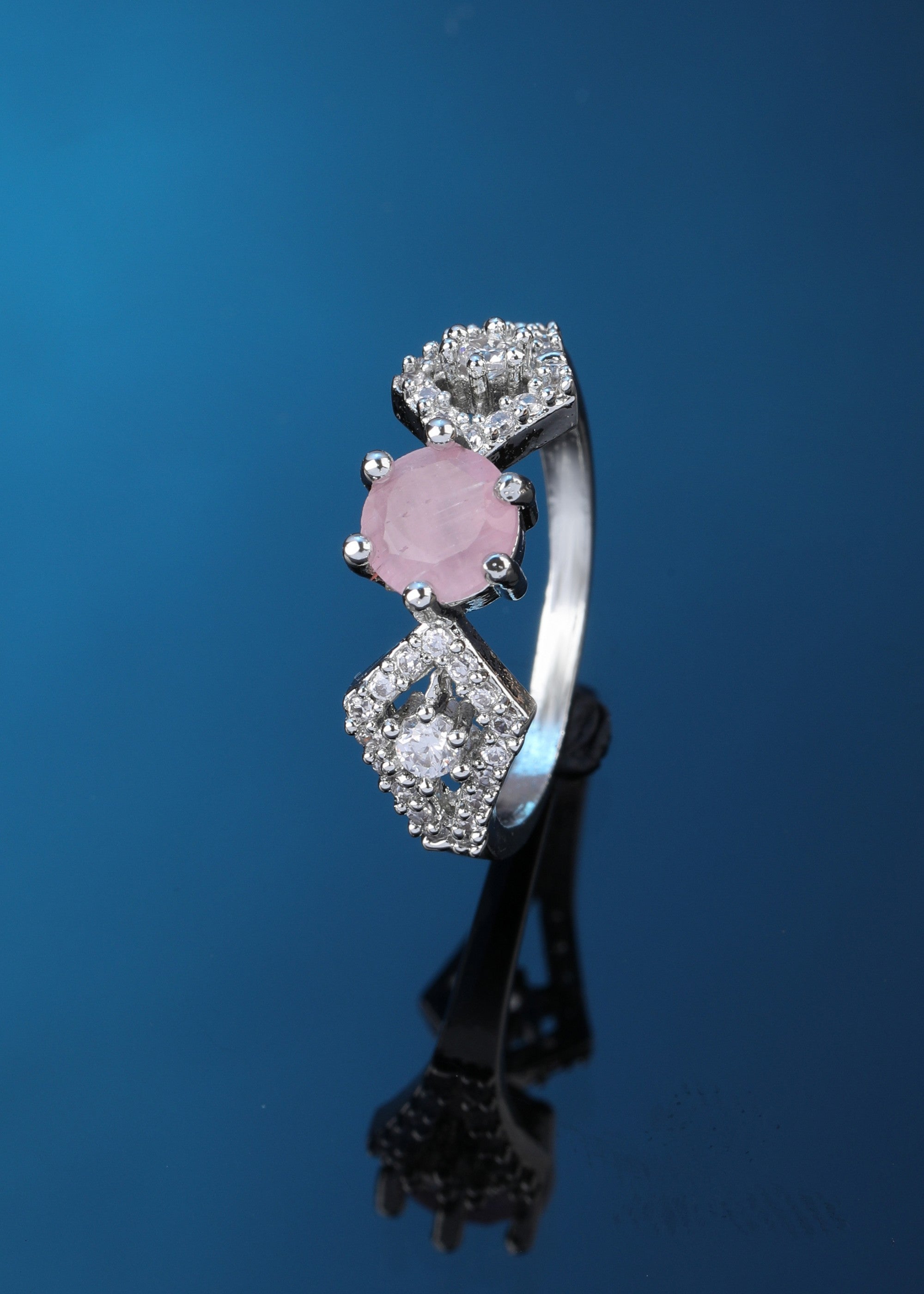 Silver-Plated & White and Pink AD Stone-Studded Ring
