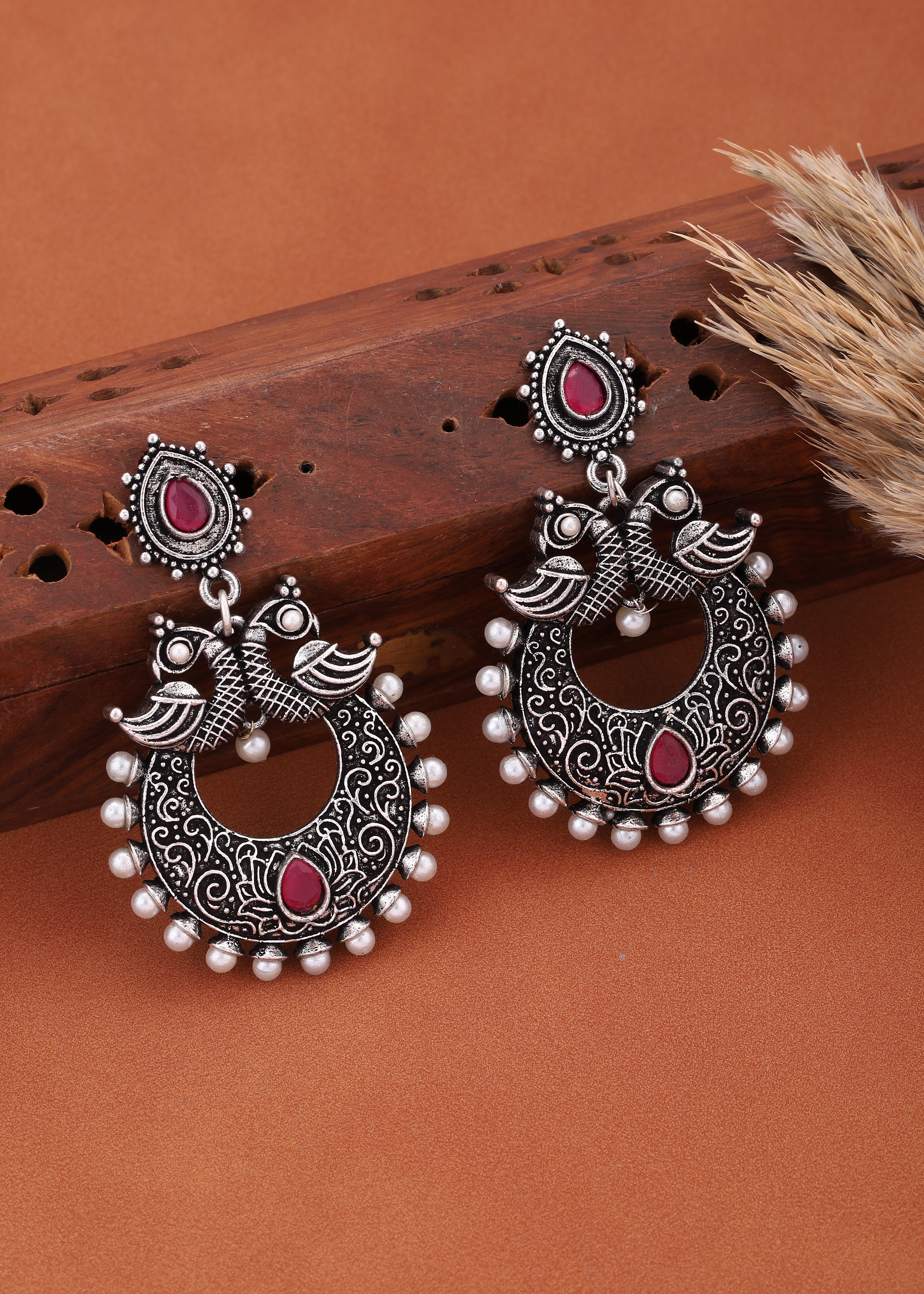 Silver-Toned Peacock  Oxidized Traditional  Earrings