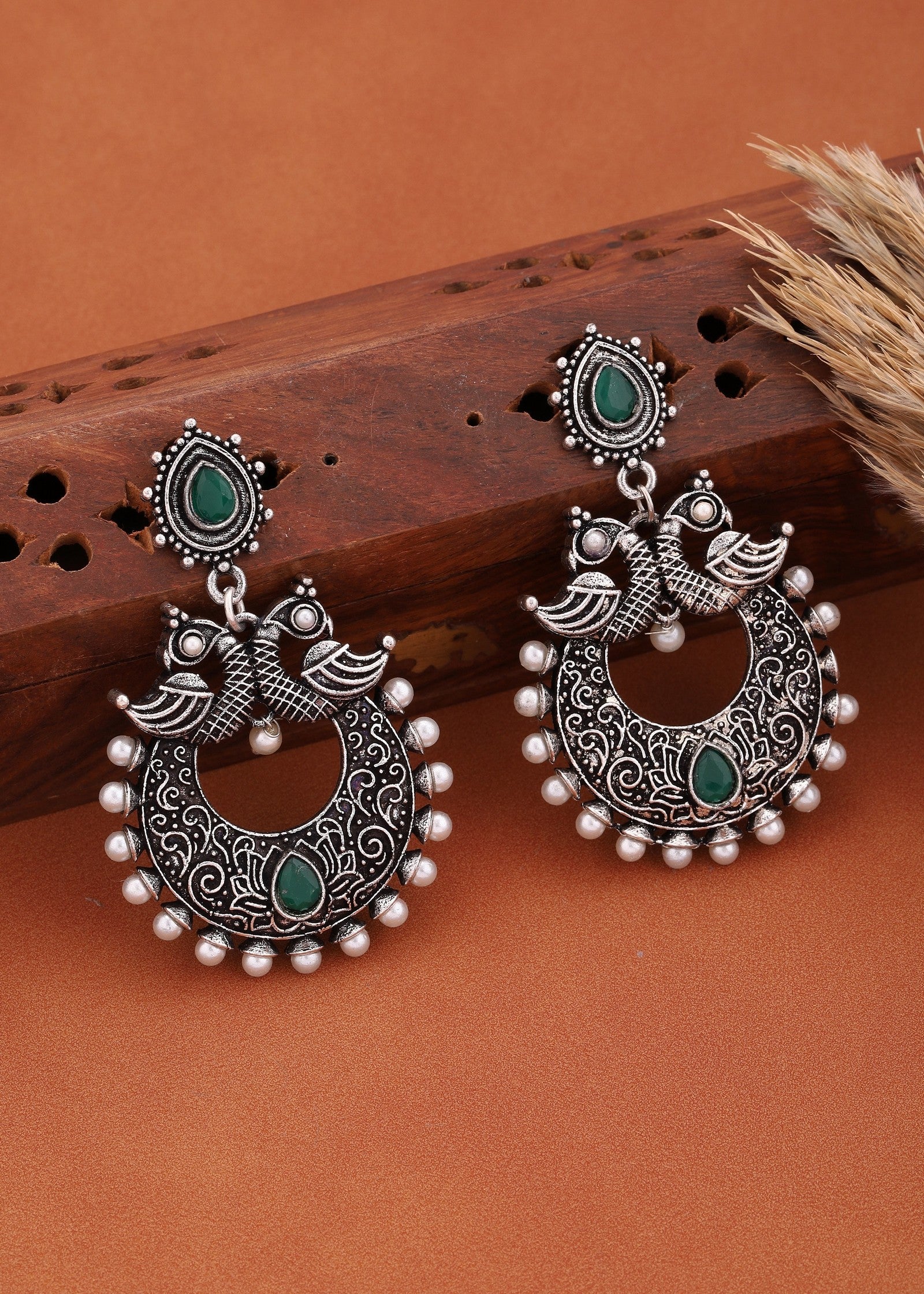 Silver-Toned Peacock  Oxidized Traditional  Earrings