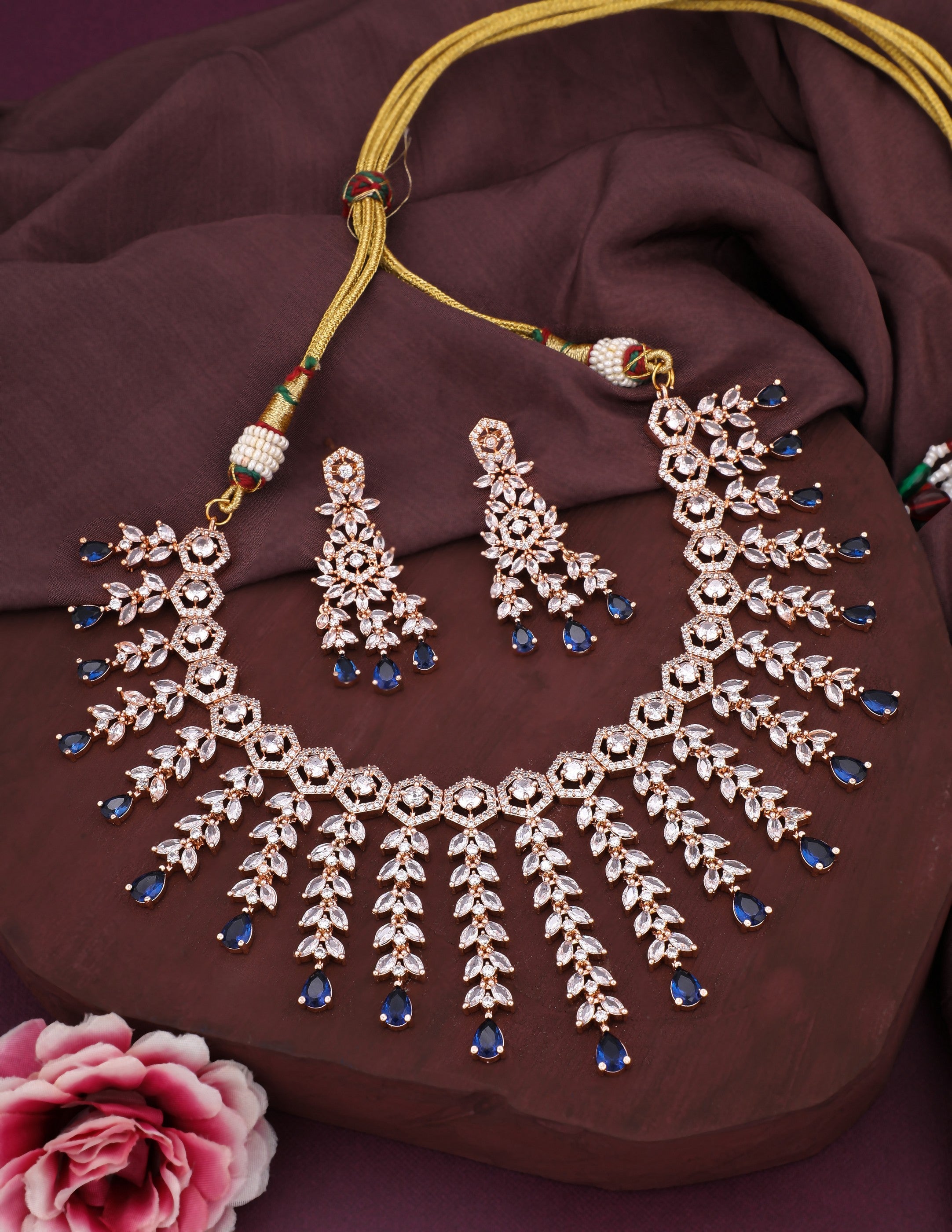 Rhodium Plated White and Navy Blue Sapphire Zircons Studded Necklace Set.