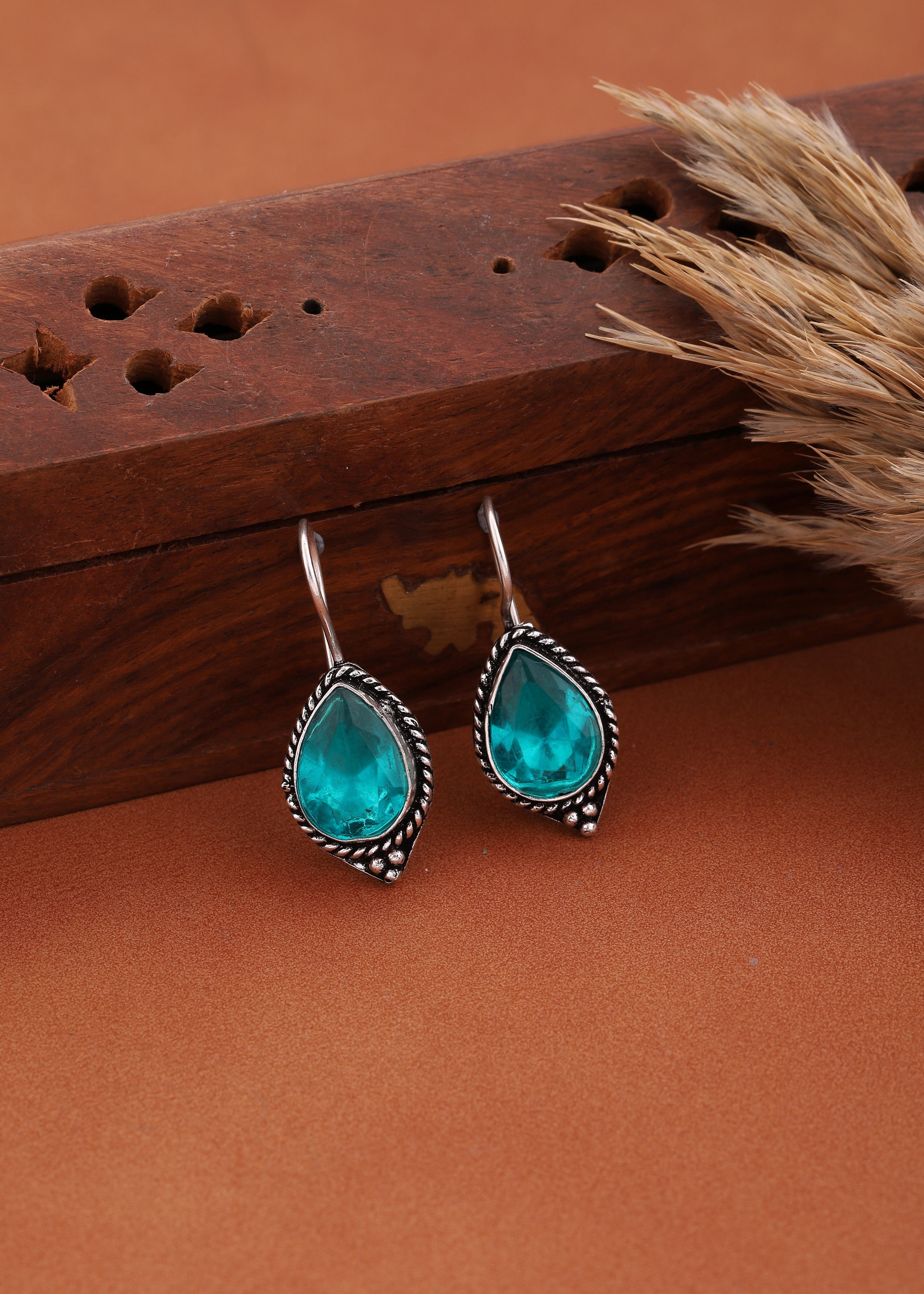 Silver-Toned Oxidized Traditional  Earrings With Blue Stone