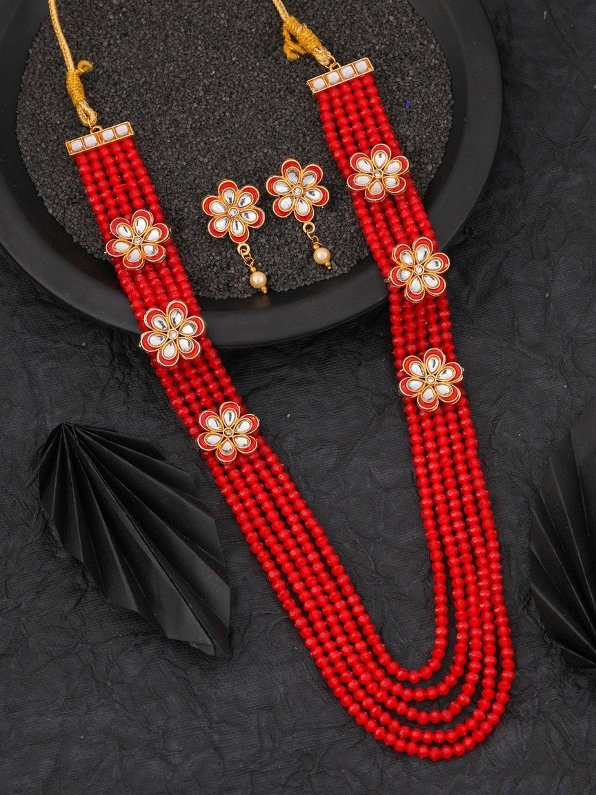 Antique gold tone Red Kundan Beaded Multilayer Necklace With Earring