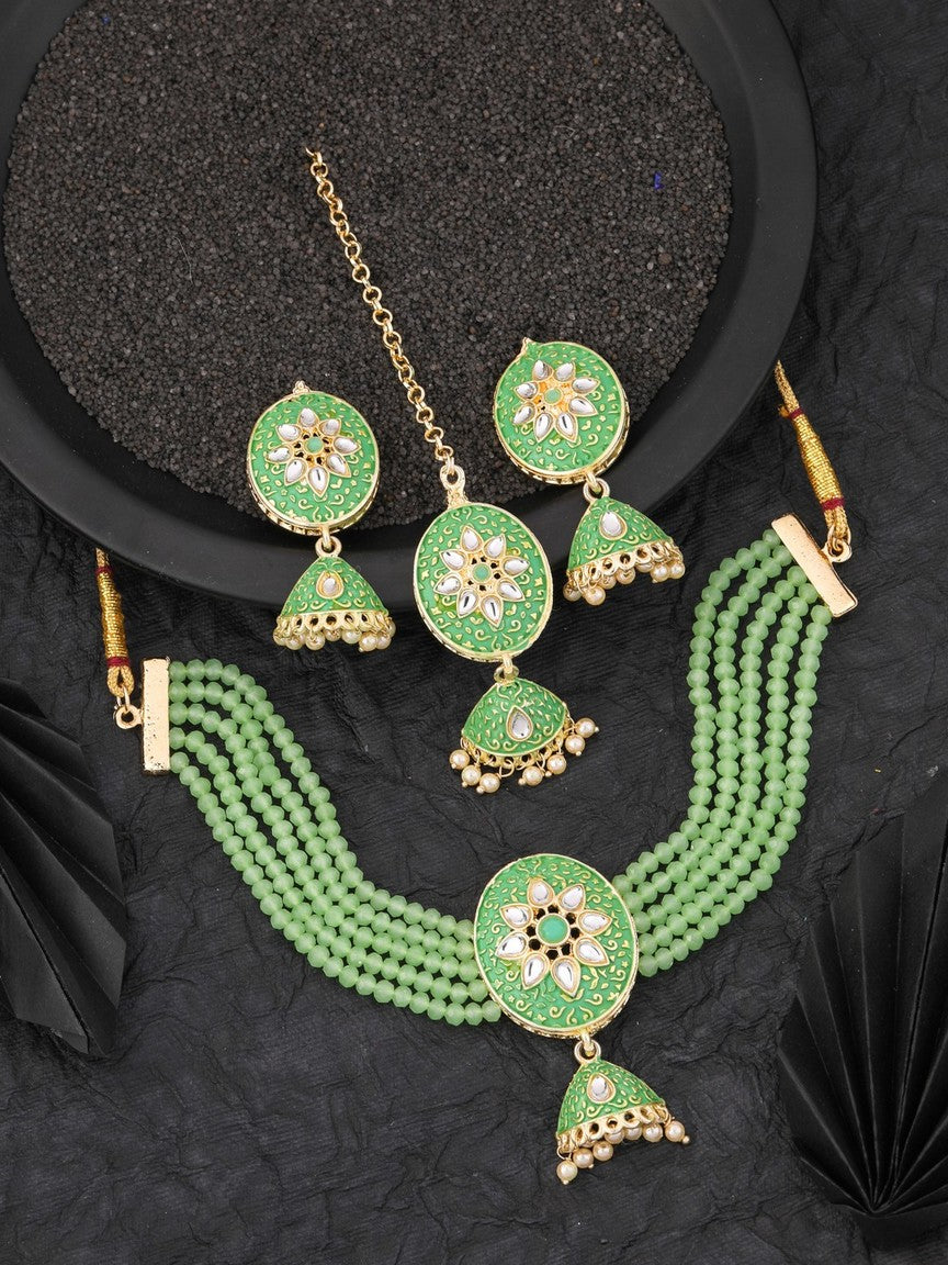 Green Meenakari Chokar Set With Matching Earring And Mangtikka