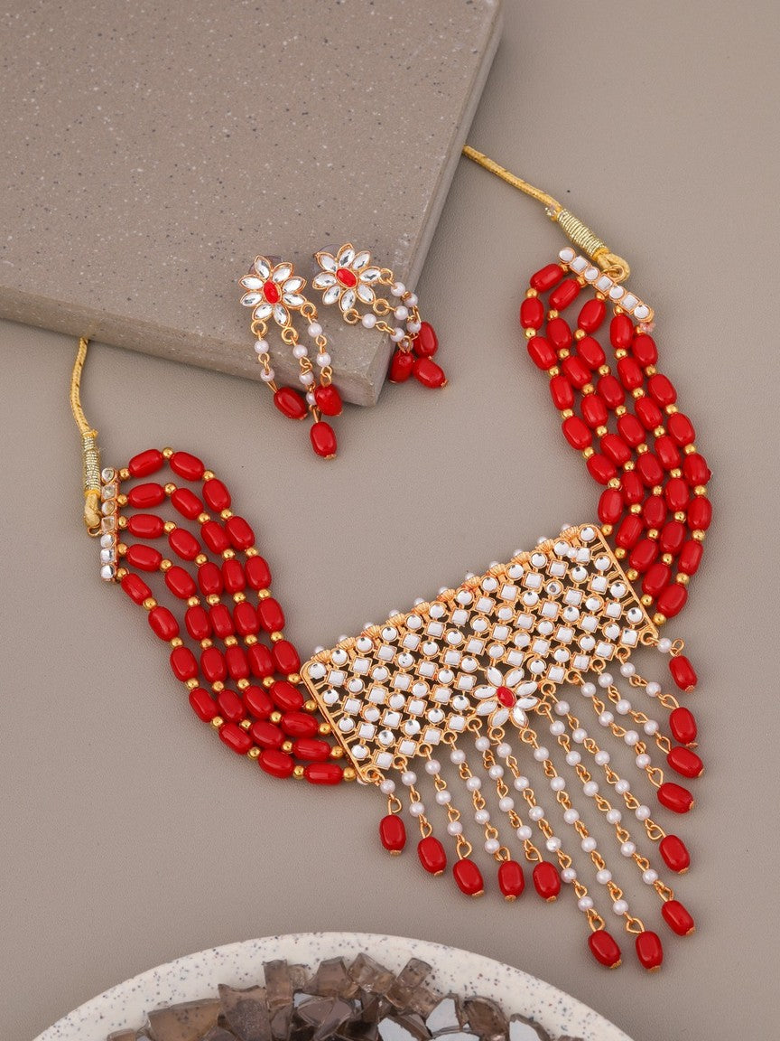 Red Kundan Beaded Gold toned Choker Necklace With Earring