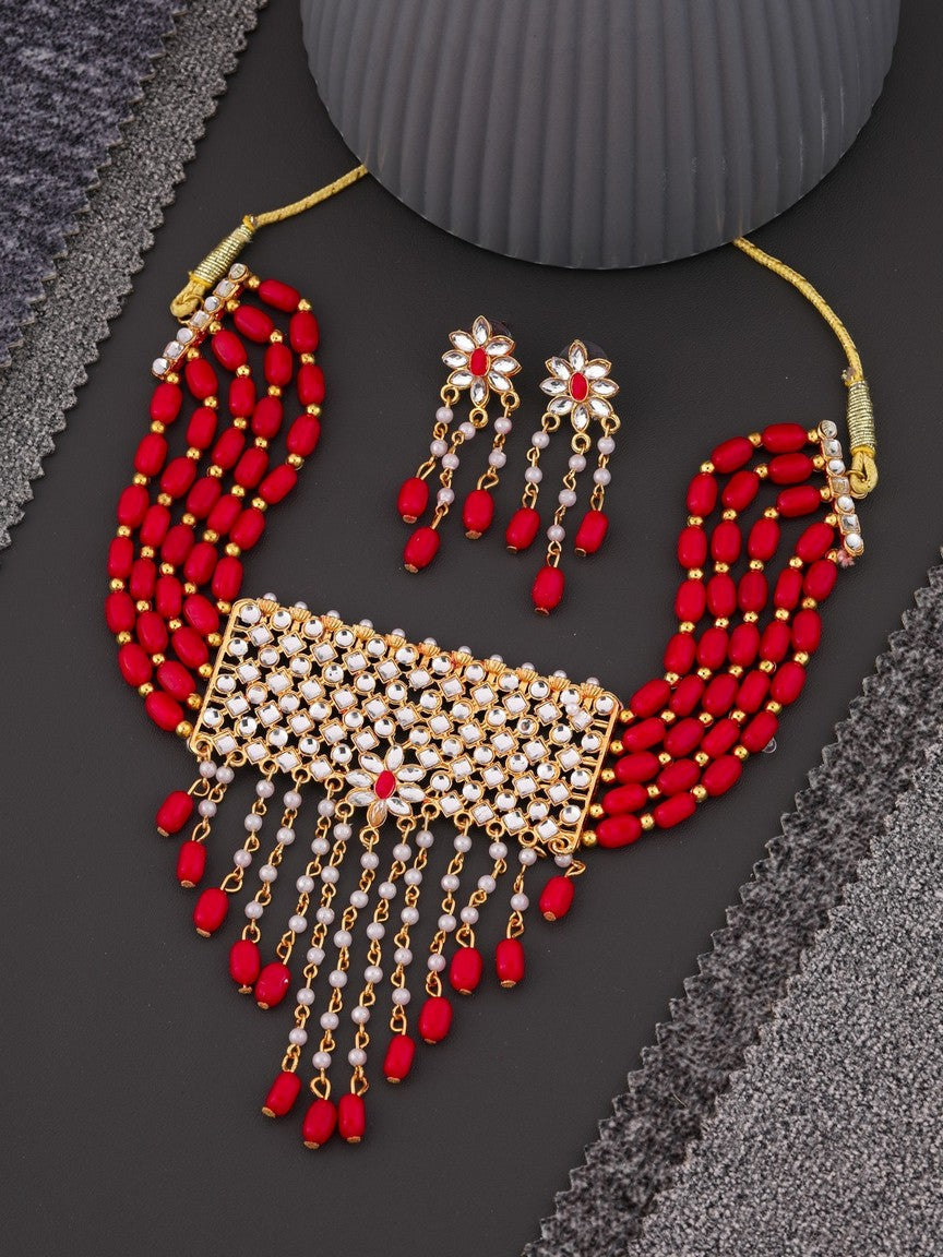 Red Kundan Beaded Gold toned Choker Necklace With Earring