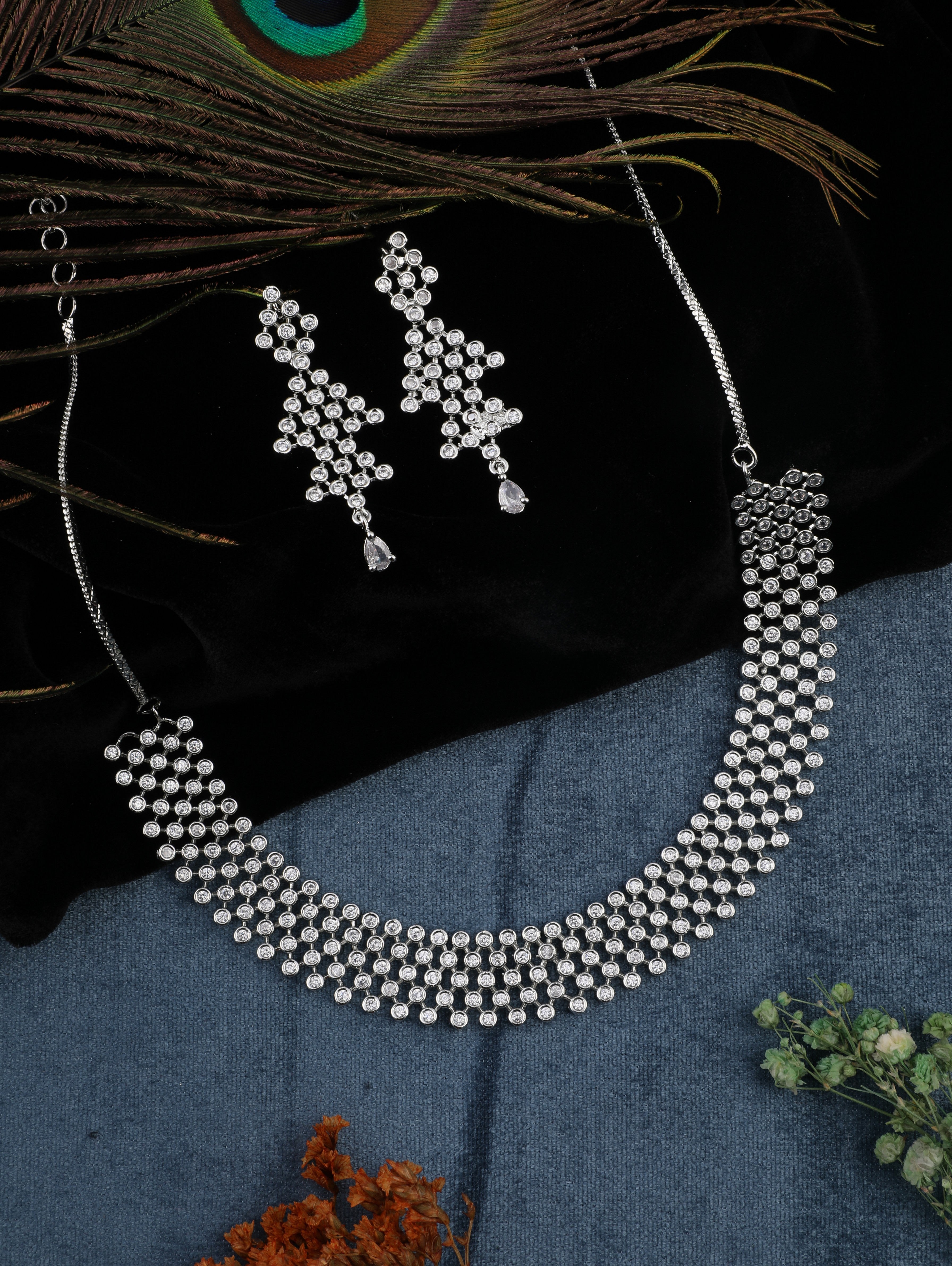 Rhodium Plated Cubic Zircons Studded Necklace Set.