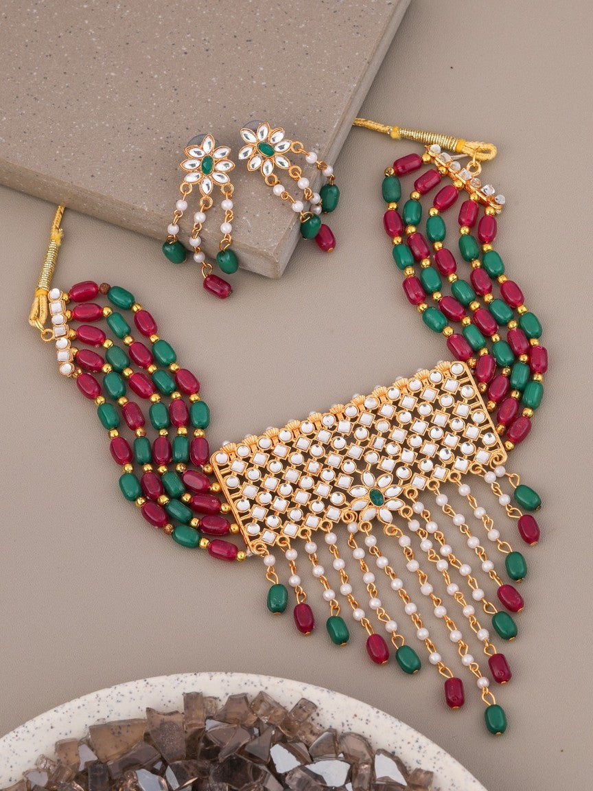 Red&Green Kundan Beaded Gold toned Choker Necklace With Earring