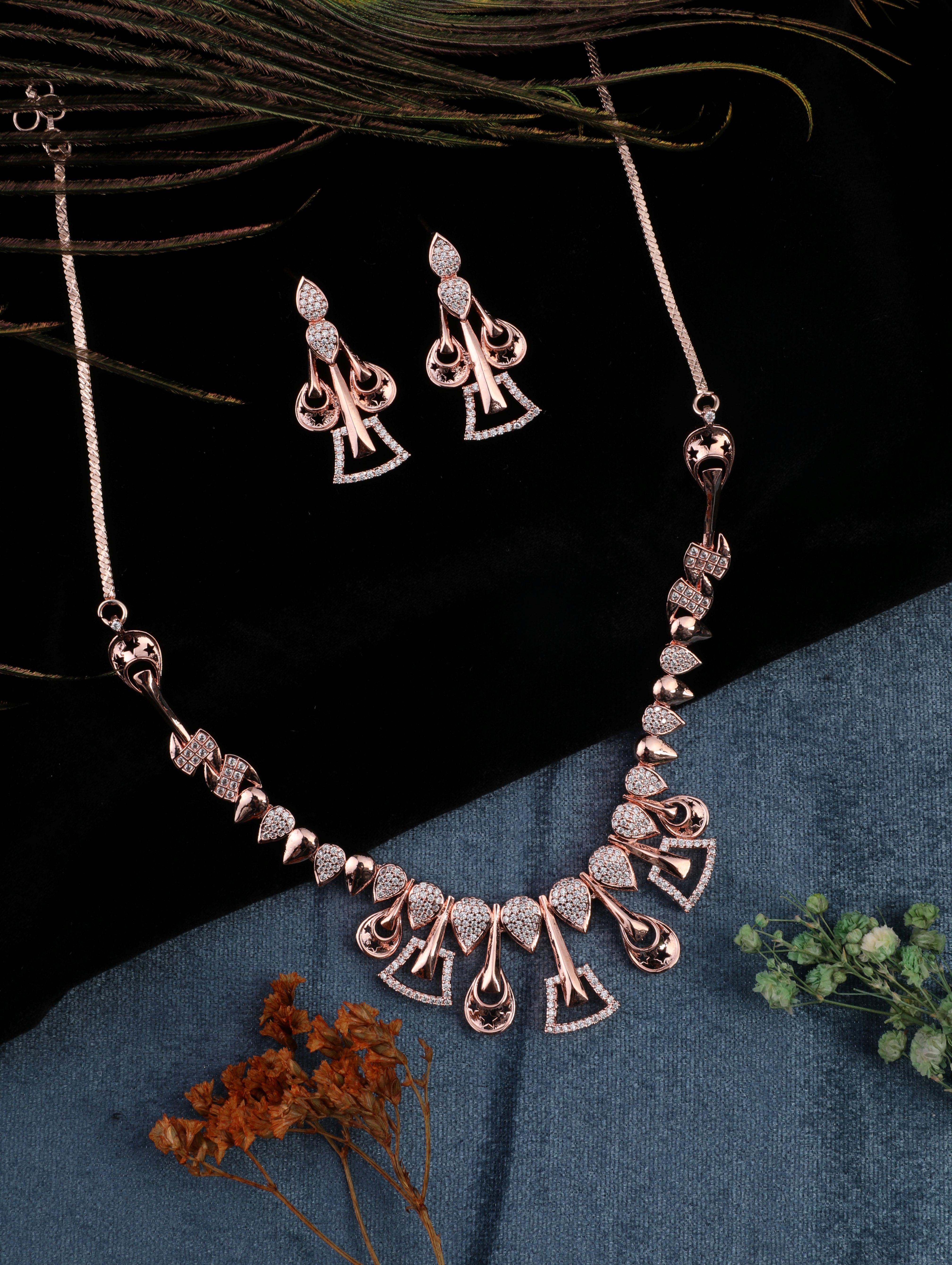 Rhodium Plated Cubic Zircons Studded With Multi Tear Drop Necklace Set.