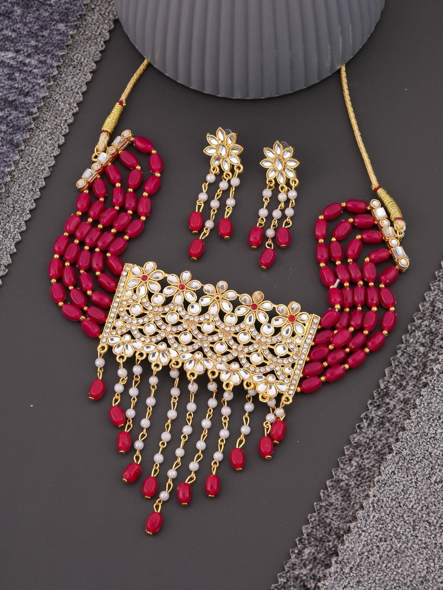 Red Kundan Beaded  Gold toned Choker Necklace With Earring