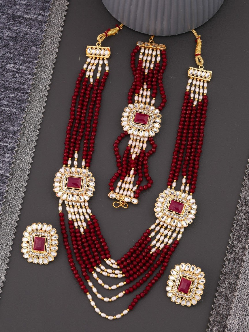 Multilayered Red Crystal Beads Breacelet And Long Necklace Set