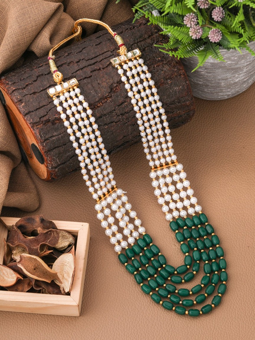 Green & Off-White Gold-Plated Beaded Layered Necklace