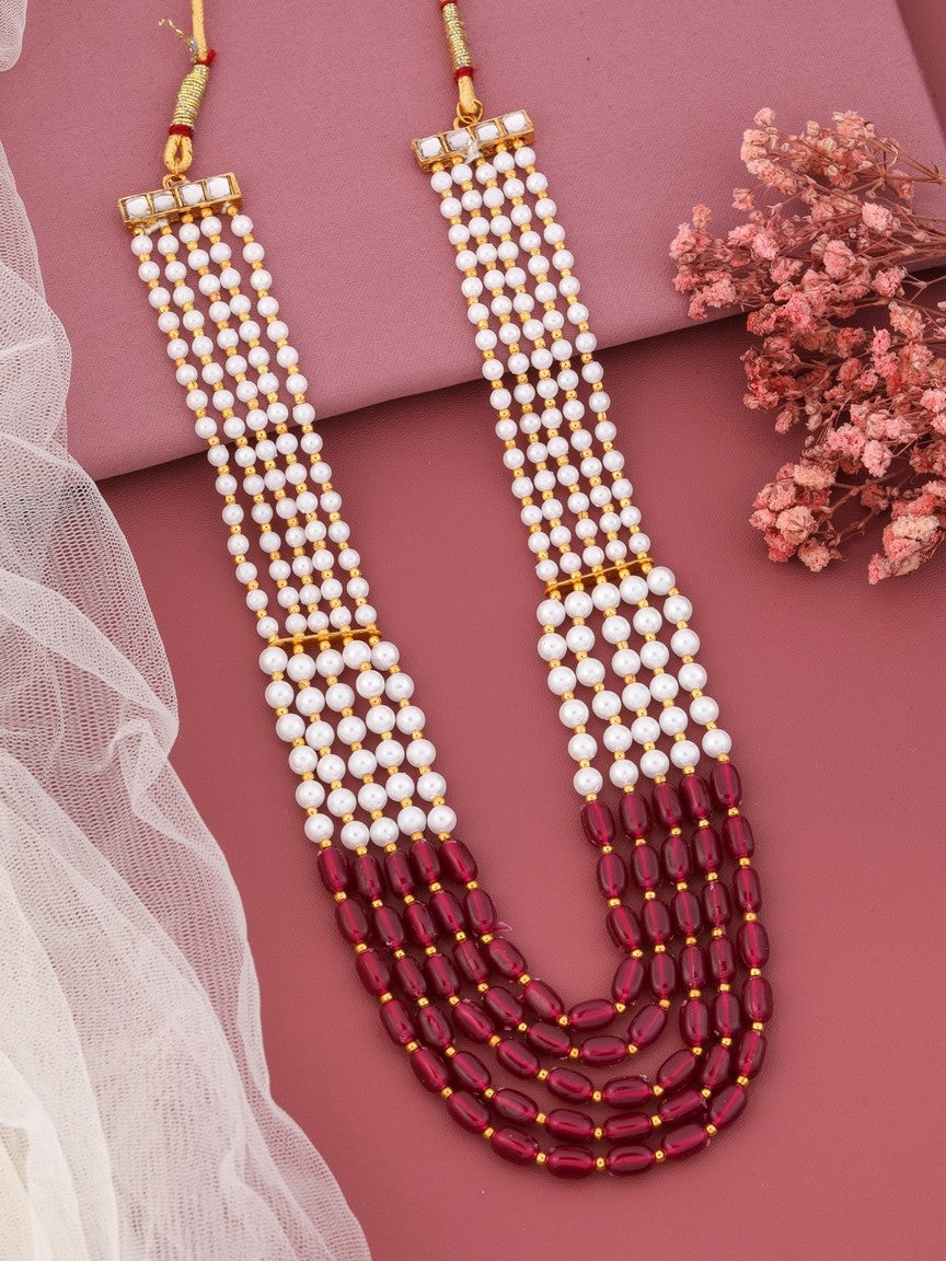 Red & Off-White Gold-Plated Beaded Layered Necklace