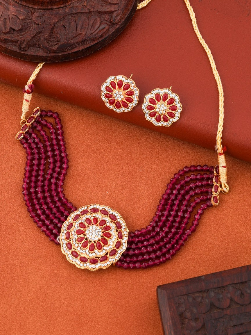 Red Kundan Beaded Round Shape  Gold toned Choker Necklace With Earring