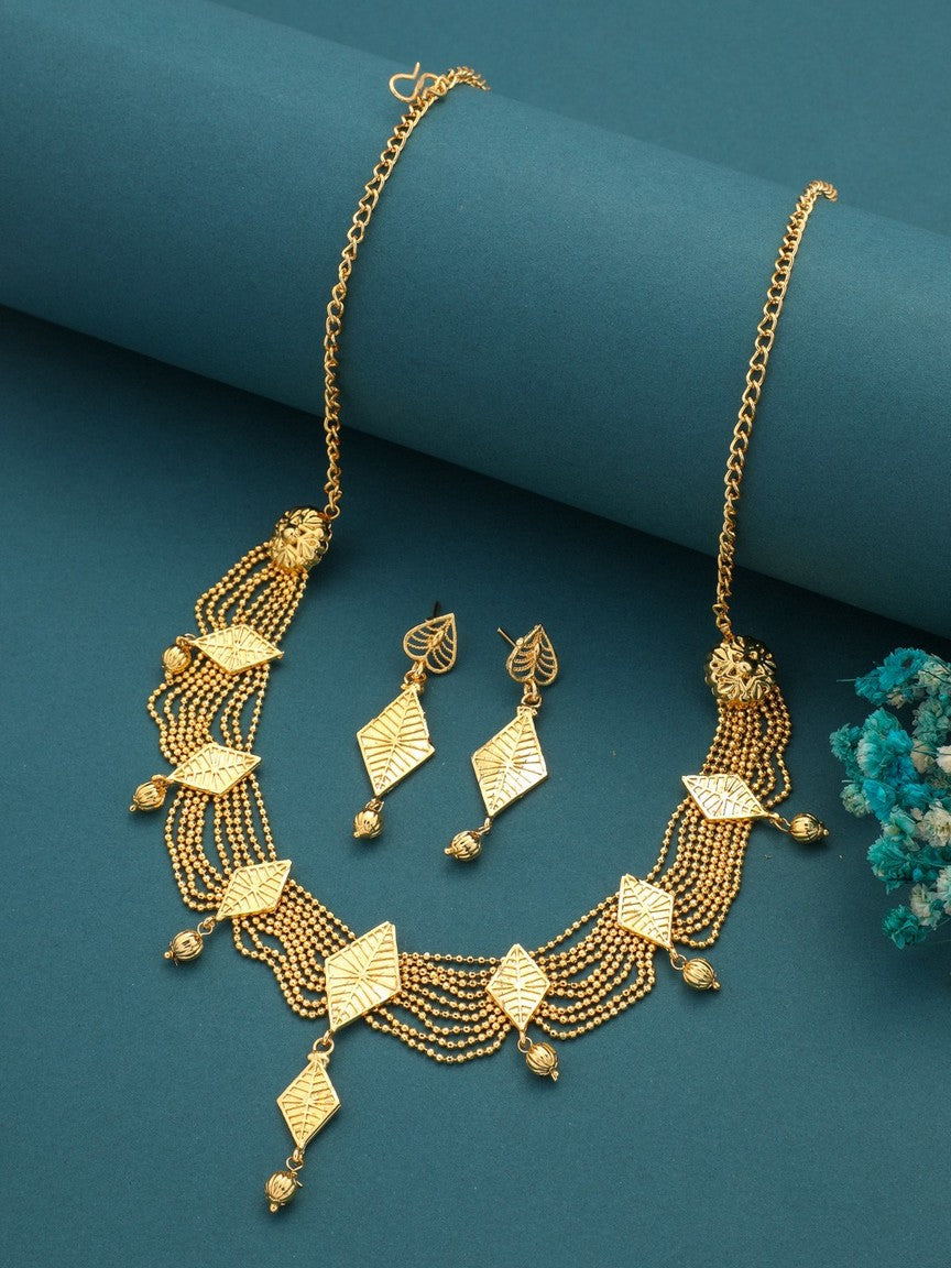 Gold Plated Leafy Multi-String Necklace Set for Women