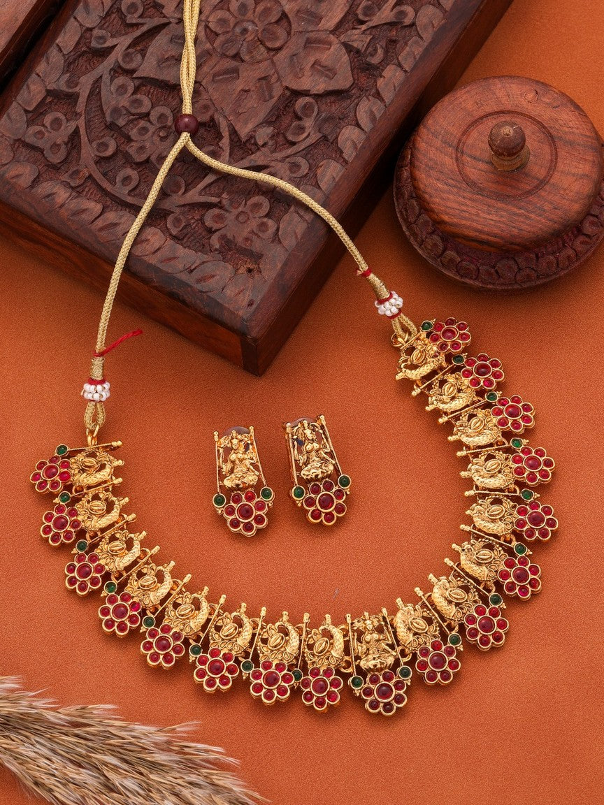 Gold-Plated Green and Red Stones-Studded Beaded Temple Jewellery Set