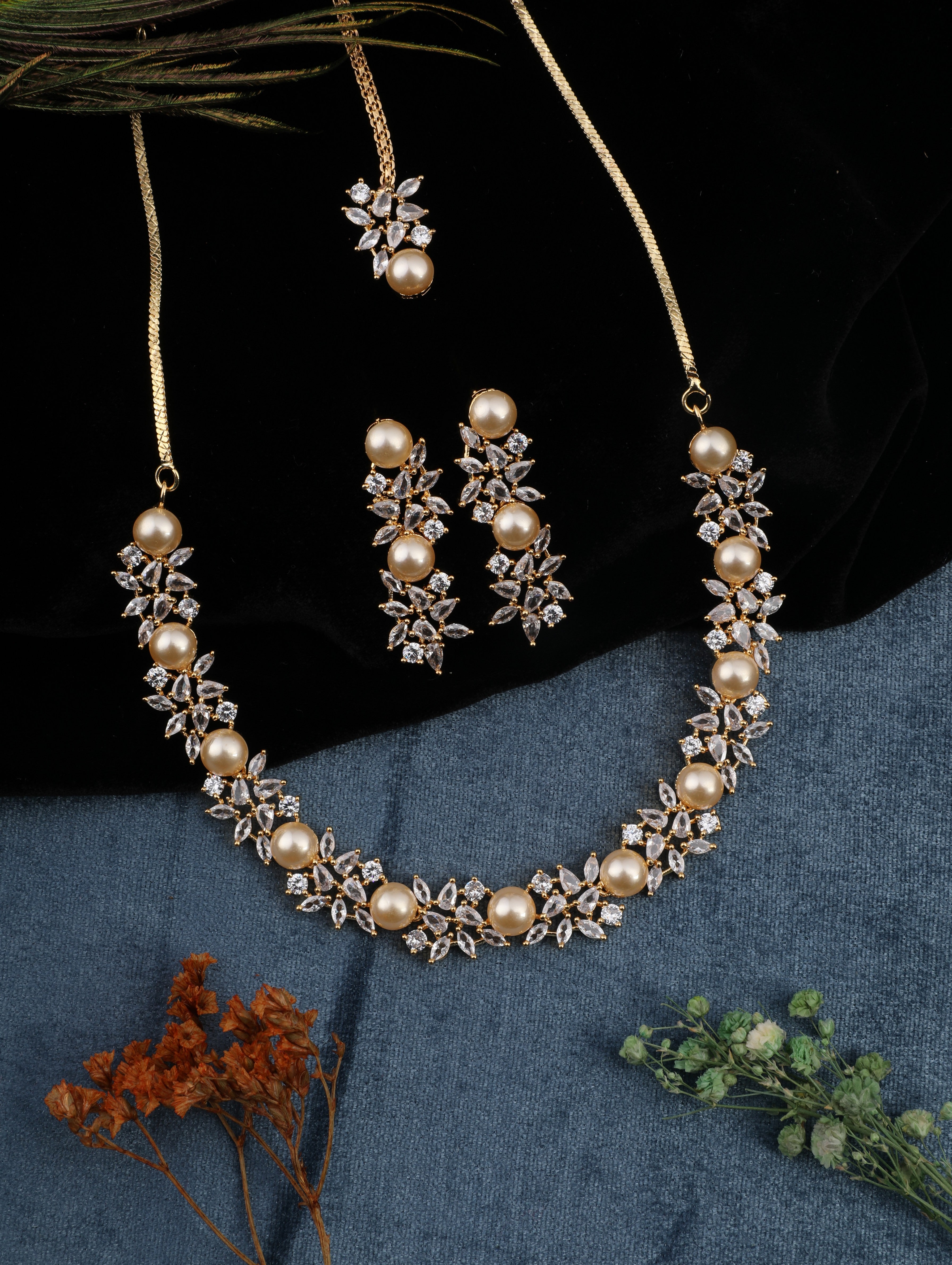 Rhodium Plated Cubic Zircons Studded With Sea Pearl Necklace Set.